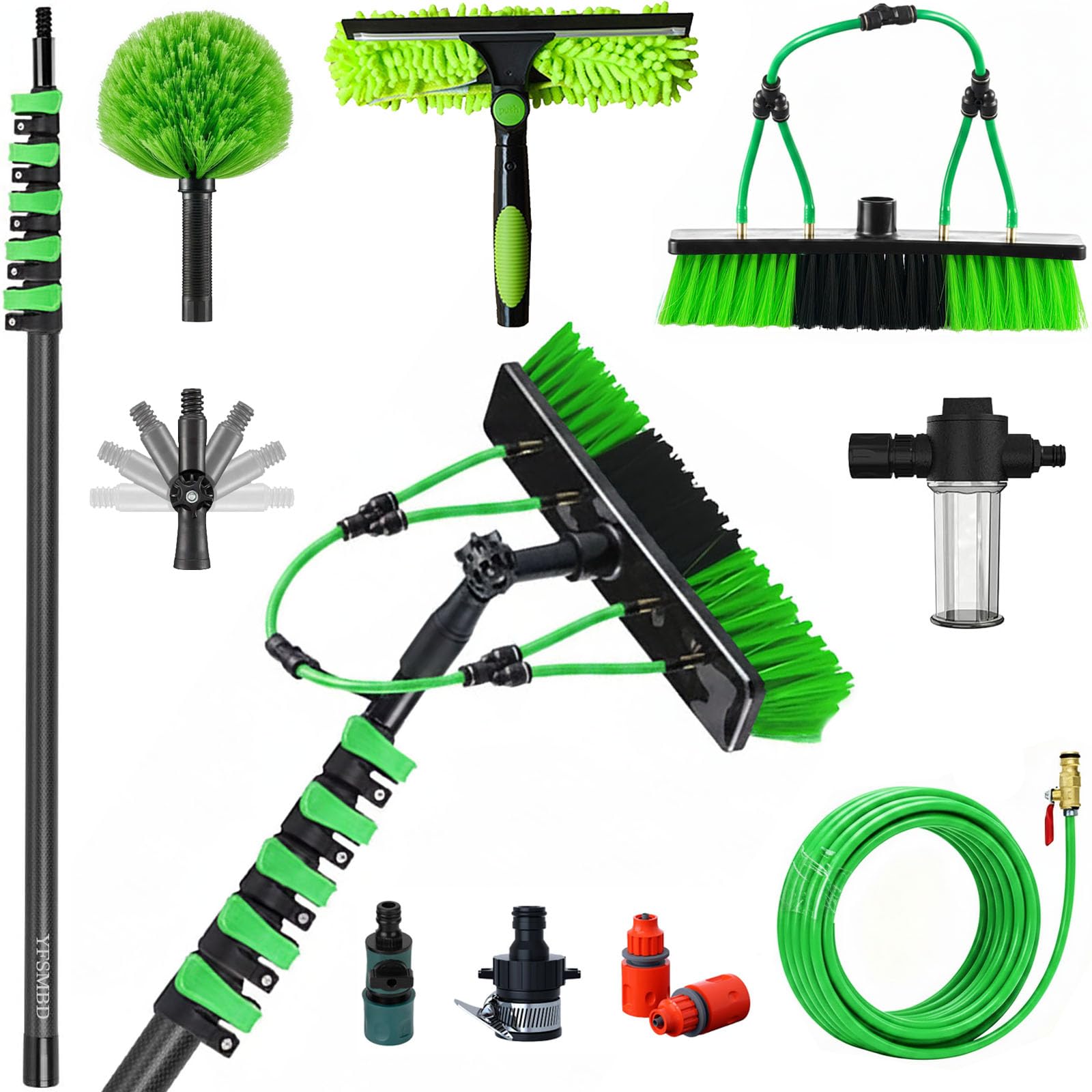 10m Carbon Fibre Telescopic Washing Pole Kit: w/Water-fed Brush, Cobweb Brush,Squeegee, Soap Dispenser, 33ft Telescoping Pole & 20m Hose for Cleaning Solar Panels,Window, Roofs, Car, 35cm Brush