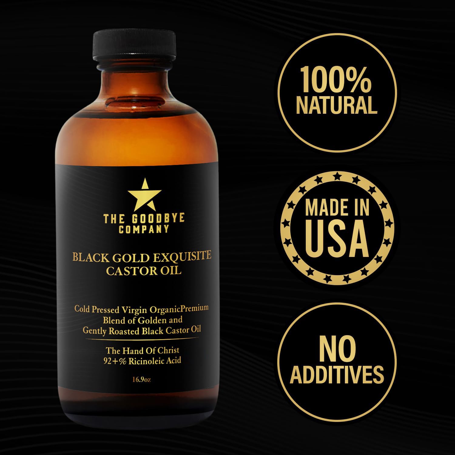 The Goodbye Company Mezcla Exquisita De Aceite De Ricino Jamaicano Negro Y Dorado — Usda Orgánico, Prensado En Frío Y Sin Refinar; Aceite De Ricino Orgánico Puro Sin Hexano Para El Cuerpo, La Piel, El