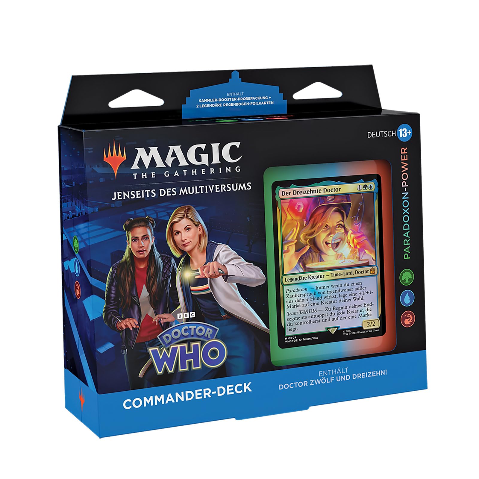 Magic: The Gathering Doctor Who Commander Deck - Paradoxon-Power (Deck of 100 Cards, Collector's Booster Sample Pack with 2 Cards + Accessories) (German Version)