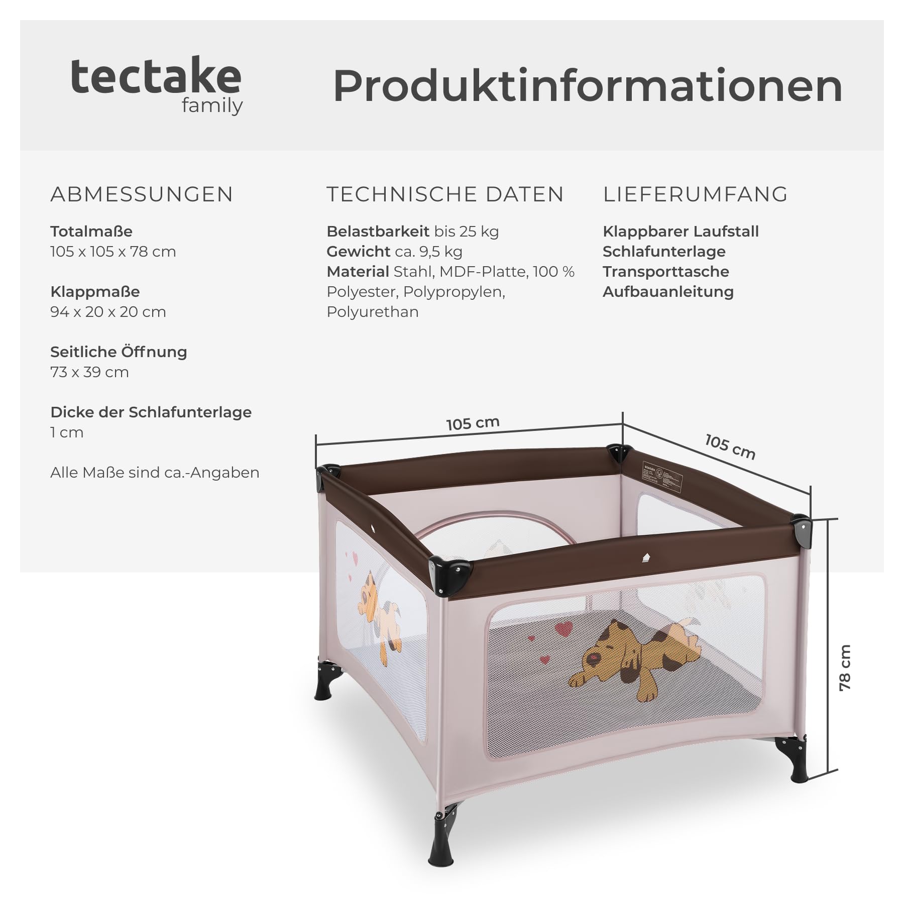 tectake® Laufstall Baby faltbar, Reisebett Kinder, Babybett und Laufgitter Baby in einem, Gitterbett und Playpen, Faltbarer Laufstall mit Matratze, Reisegitterbett - Braun Coffee