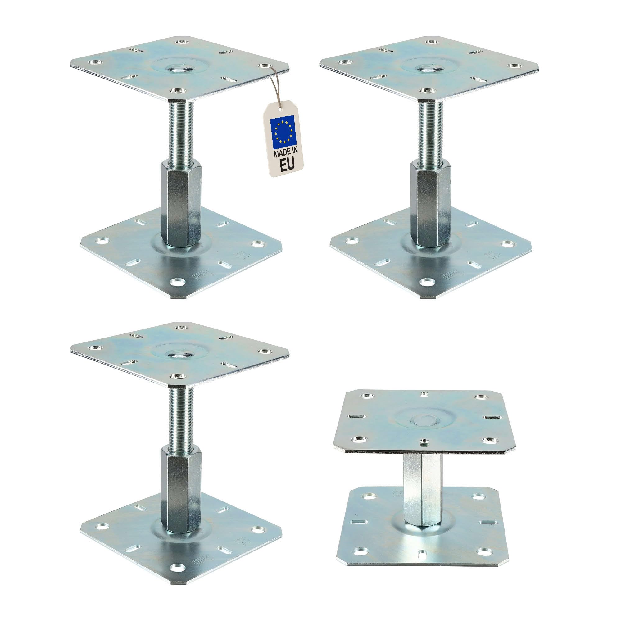 4 embases pied de poteau réglables - Platine 130x130mm - M20 - Acier galvanisé à chaud - Ht100 à 150 mm - Fabrication Européenne