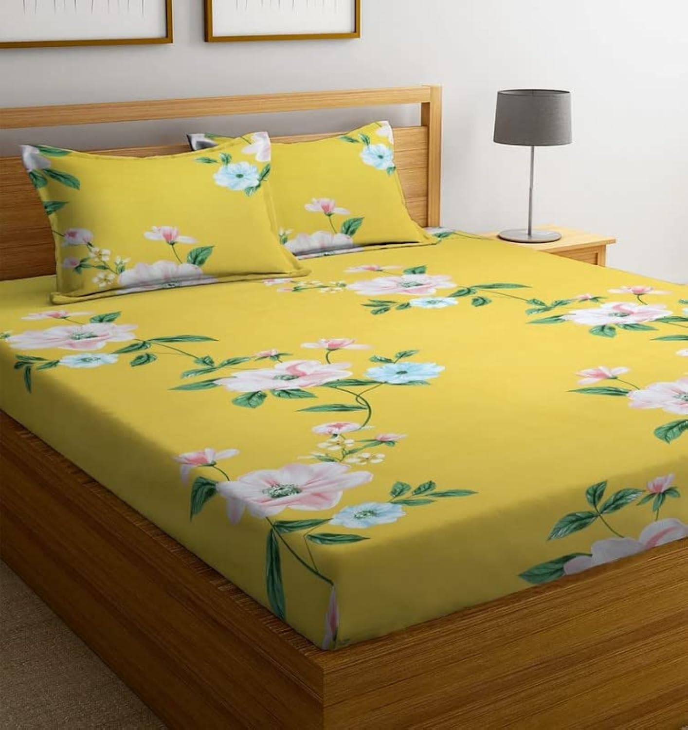 100% Pure Cotton 180 TC Flower Printed Double Bedsheet with 2 King Size Pillow Covers, (90 x 90 Inches or 228x228 cm, Color- Yellow & Green)-image-14