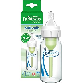Dr. Brown's Anti-Collik Options+ Narrow Glass Baby Bottle with Level 1 Slow Flow Teat, BPA-Free, 120 ml/4 oz, from 0 Months, 