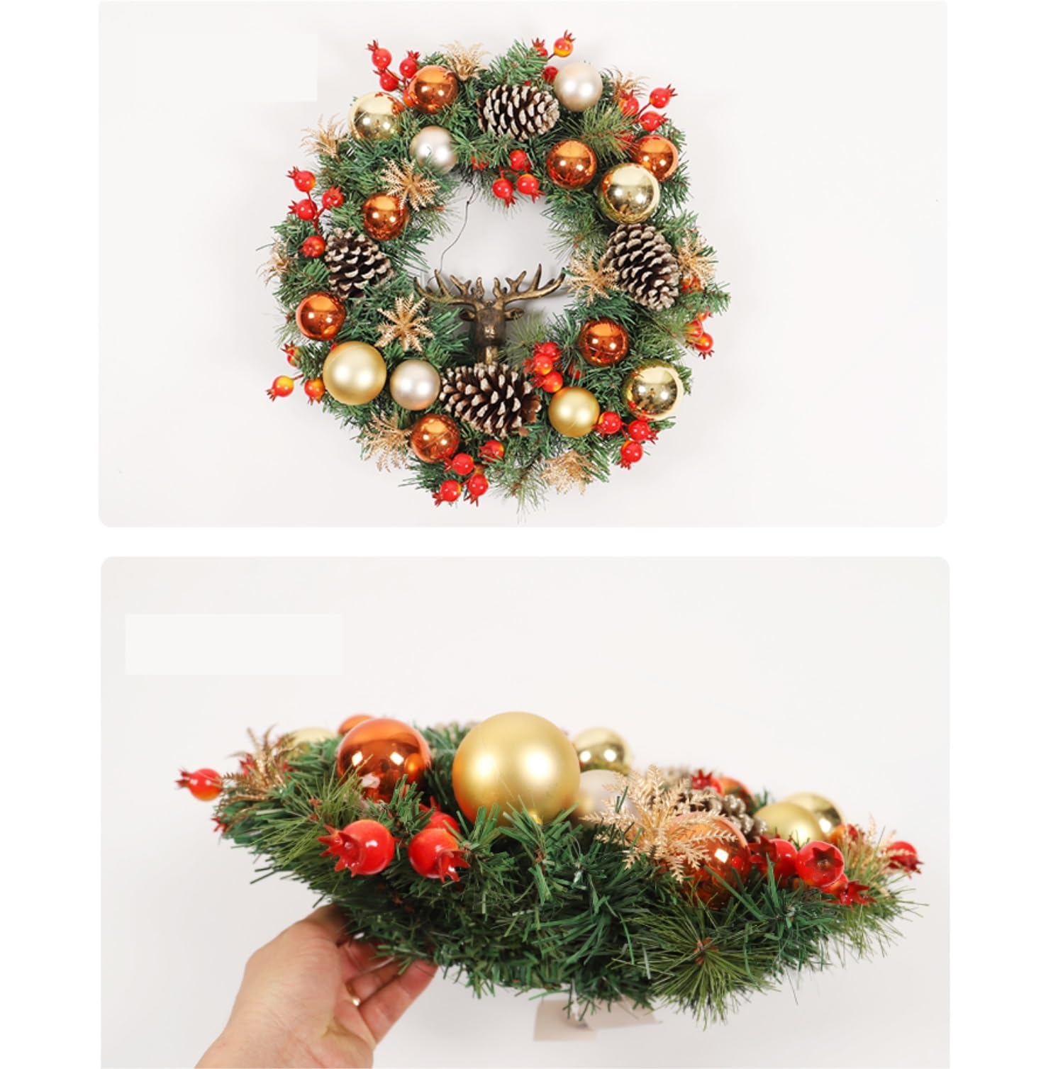 Winterkranz Dekokranz Weihnachtskranz Mit Beeren, Tannenzapfen Und Hirschkopf-Dekoration for Tür Und Fenster Adventskranz Christbaumschmuck