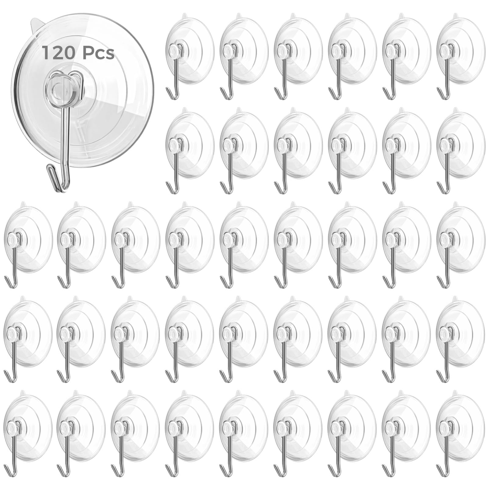 YOFAPA No Drill Suction Hooks for Bathroom, 120 Pcs Reusable Transparent PVC Hooks with Metal Hook, Heavy Duty Suction Cup for Glass Window, Easy Install and Remove