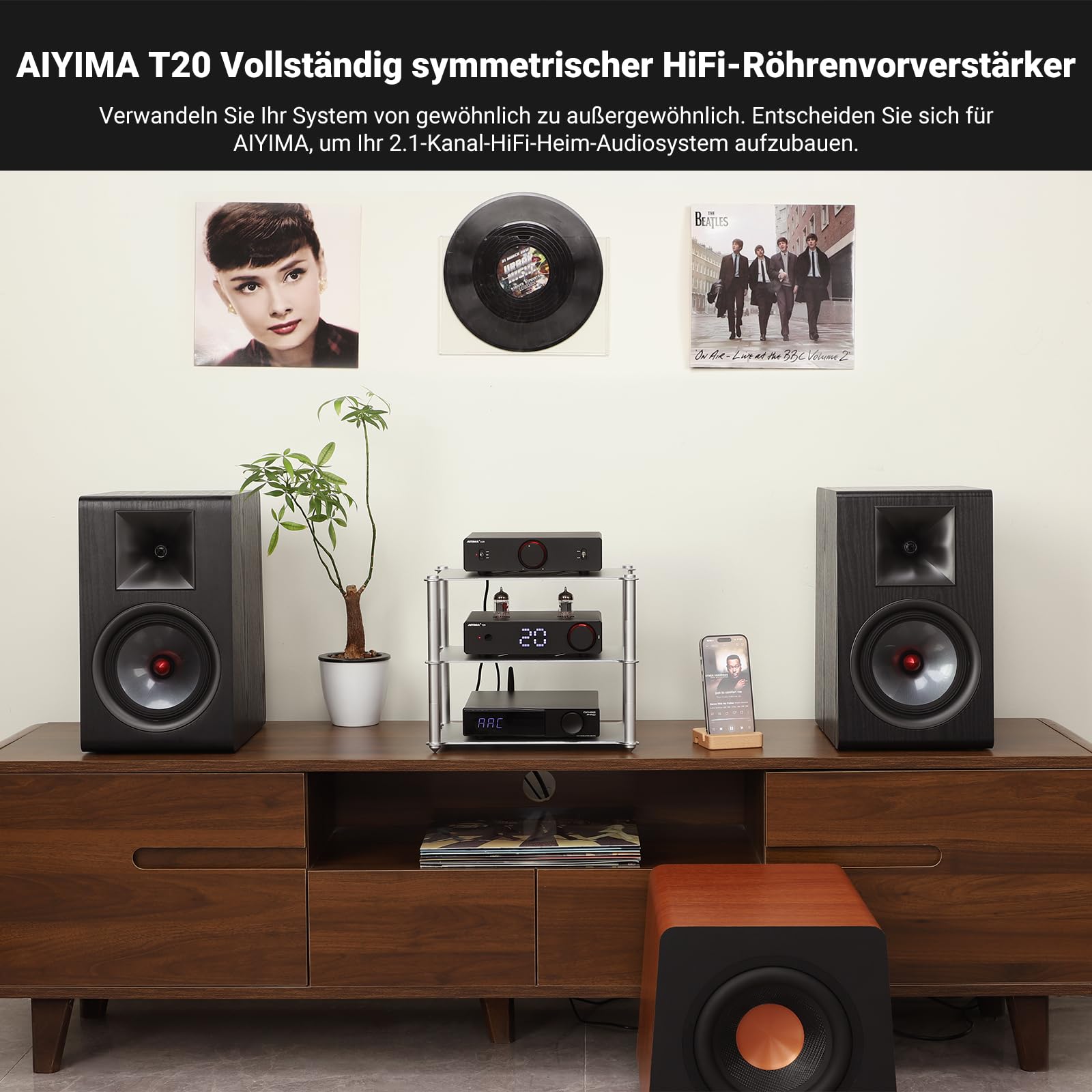 AIYIMA T20 Balanced Tube Vorverstärker LME49720 für HiFi-Heim-Audio Mini-Vakuumröhren-Vorverstärker mit Cinch-/XLR-EIN- und Ausgängen und 12-V-Triggerausgang (DC12V 2A-Netzteiladapter)