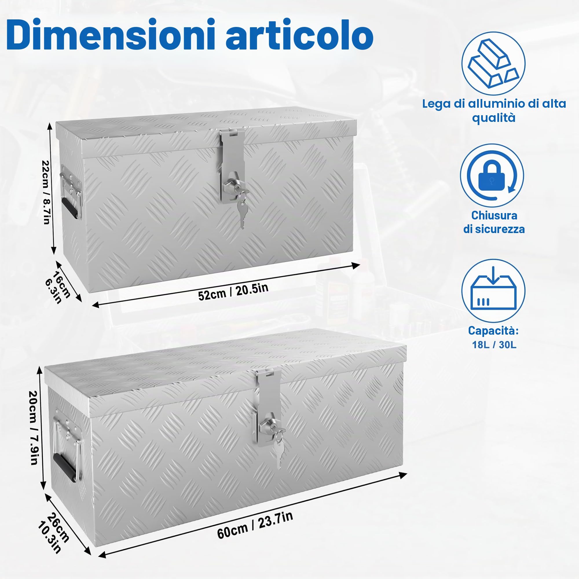 UISEBRT Cassetta degli attrezzi in alluminio con serratura, scatola in alluminio, 520 x 160 x 220 mm, robusta scatola in alluminio per attrezzi, scatola del rimorchio, scatola impermeabile con 2