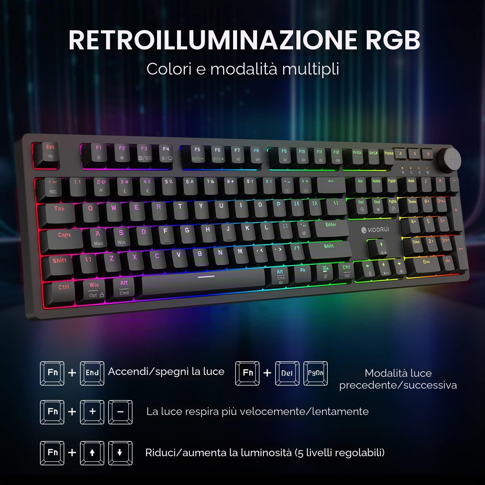 KOORUI Tastiere da gioco, 26 RGB Retroilluminato Tastiera Meccanica Cablato 104 Tasti Full Size UK Layout con Interruttore Marrone Gamer Tastiere per Windows MacOS Linux