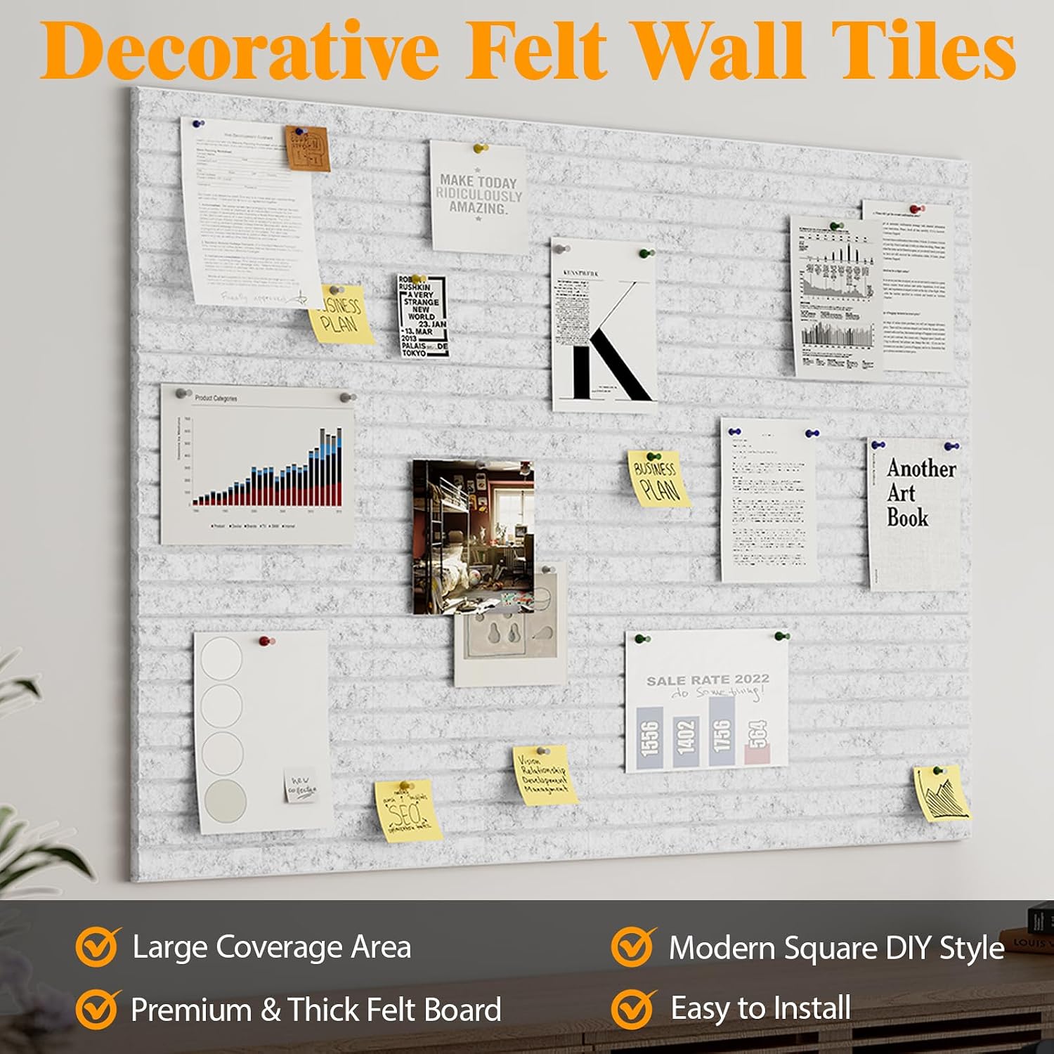 Felt Slatted Bulletin Board with Self-Adhesive, 48" x 36" Large Pin Board (12 Pack), Traceless Removable Adhesive Cork Board Alternative with 60 Pushpins for Office Decor, Room Decor, Gray