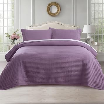 KASENTEX Twin Quilt Set 68x86, Soft Washed 3-Layer Lightweight | Thin 3-season quilt set for spring, summer and fall, minimalist Nordic design, 1 quilt + 2 shams, Grape Jam Purple