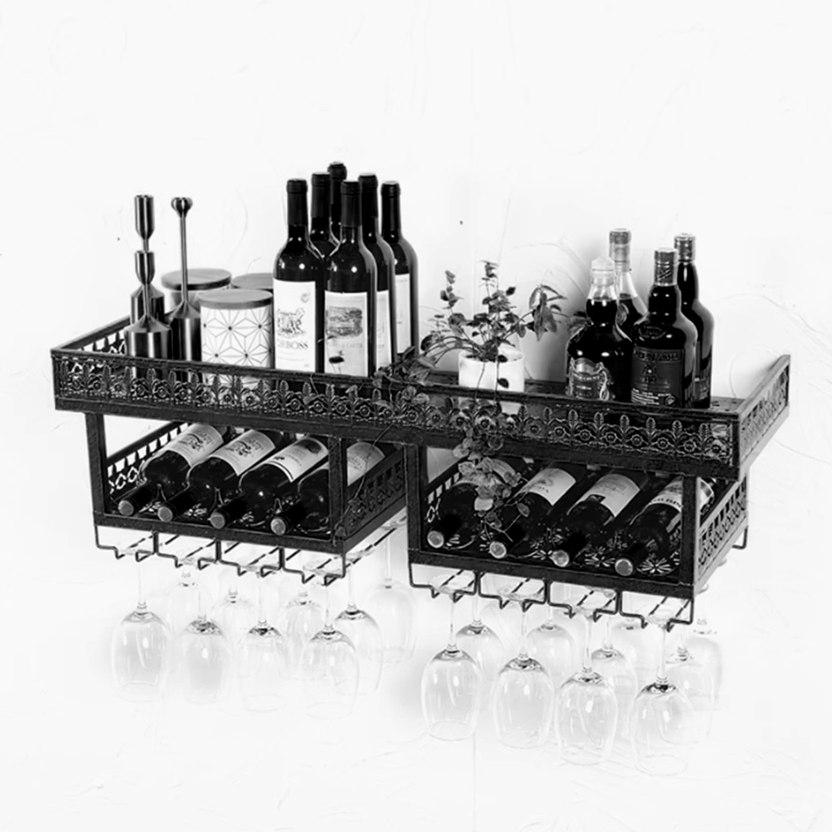Casier à vin mural avec porte-verres, étagère flottante noire 120cm pour bouteilles de bar