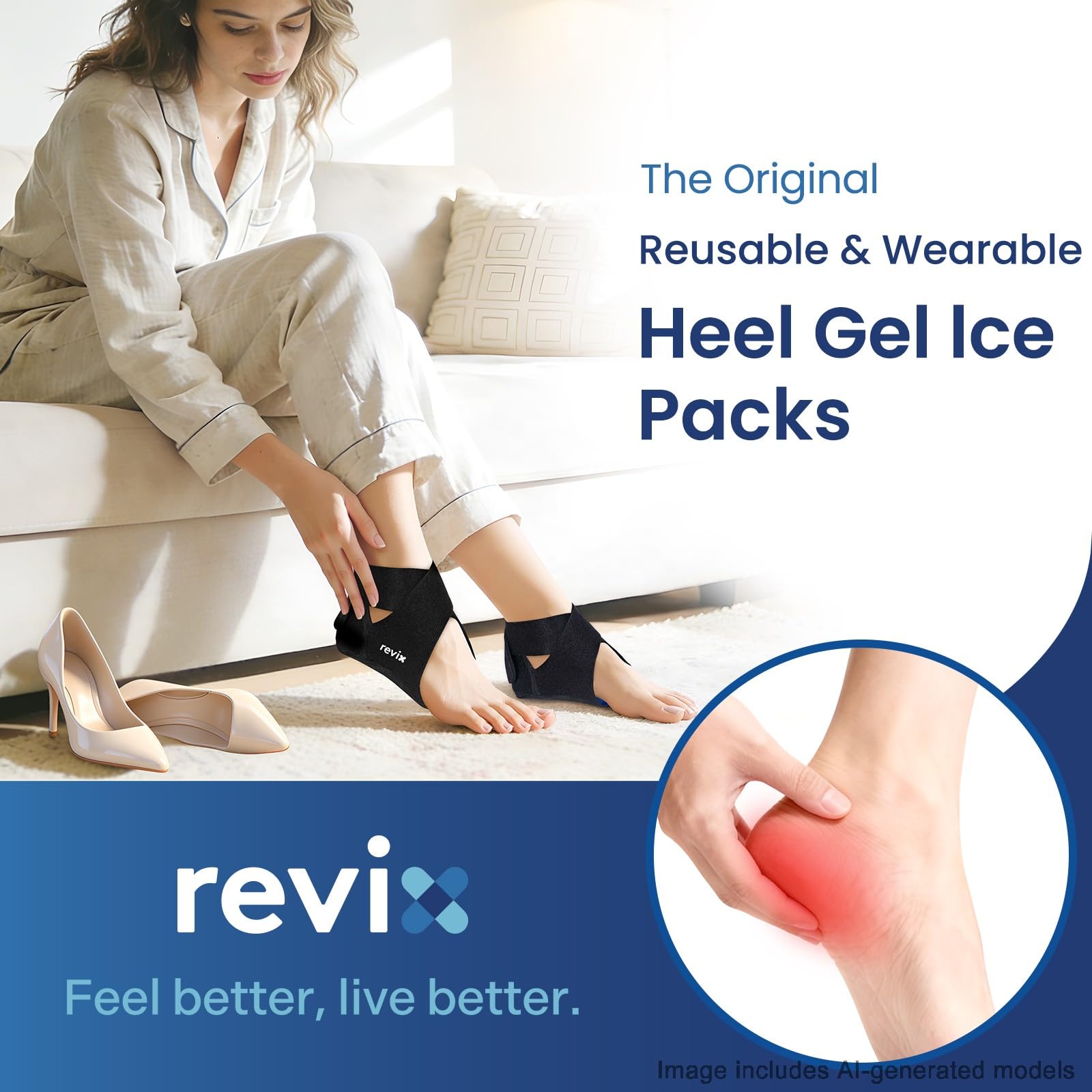 REVIX Paquete de 2 paquetes de hielo para el talón, paquete de hielo reutilizable para frío y caliente con cobertura completa de gel en el talón, envoltura de hielo ajustable para fascitis plantar