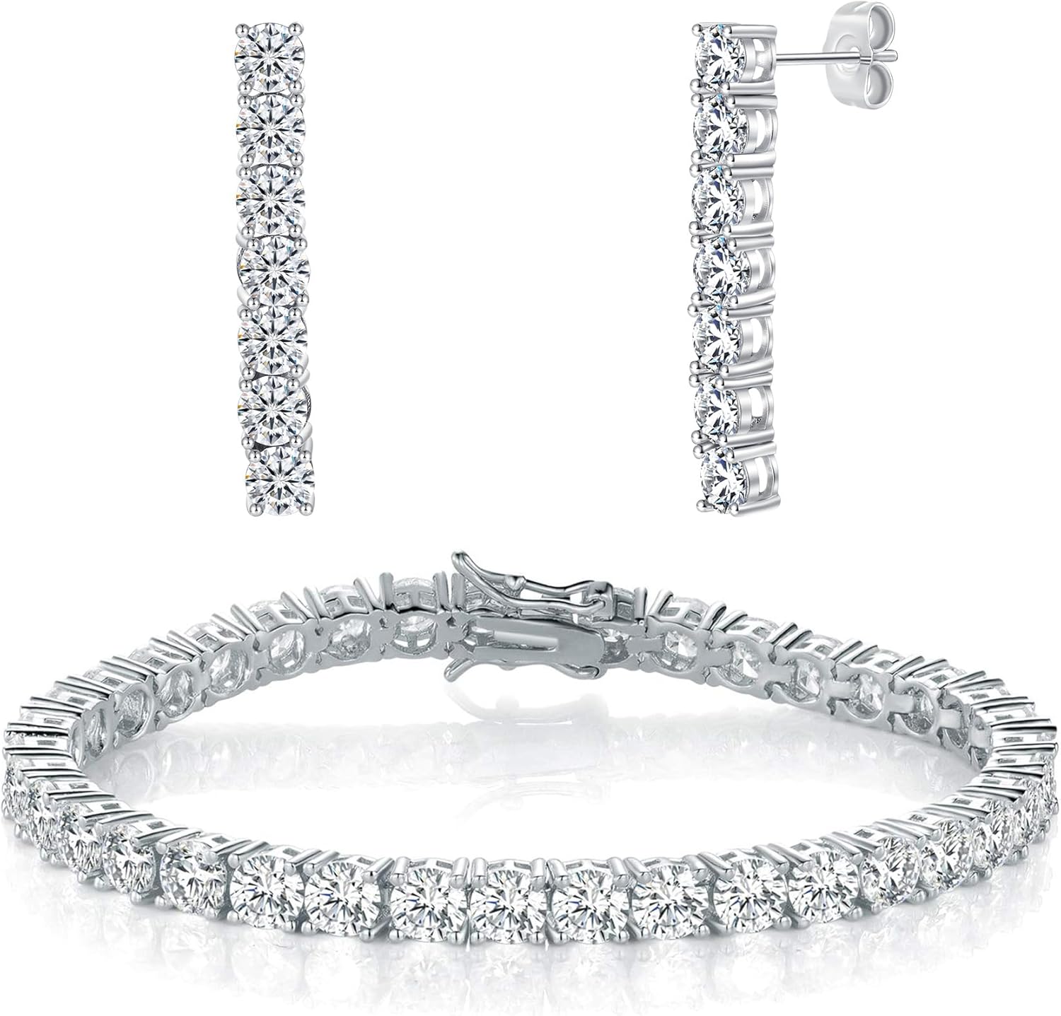 MDFUN Tennis Bracelet and Dangle Earrings Set 14K White Gold Plated, 3-5mm Round Cut Cubic Zirconias Jewelry Set for Women Men, 6.5-7.5 inches