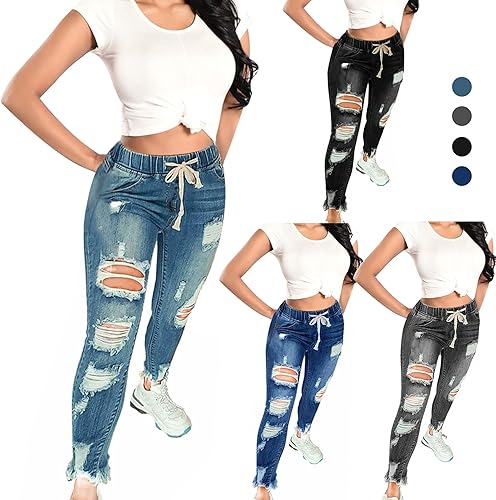 Miniatura 4 de KUNMI Jeans ajustados para mujer, cintura alta, elásticos y rasgados de mezclilla de talla grande