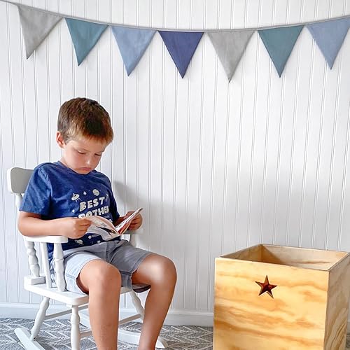 Miniatura 5 de Guirnalda de banderas de lino azul marino multicolor. Bandera de tela pastel de 8 triángulos para decoración de habitaciones. Banderín colgante para