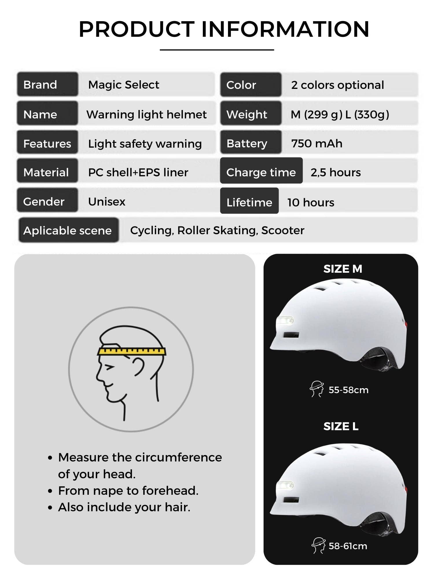 Casco Bici o Monopattino Elettrico con Spia Rossa + Luce Frontale Bianca. Casco Ciclismo Bicicletta, Skate, Leggero con Fodera Rimovibile, Guscio PC + EPS, 14 prese d'aria e Cavo di Ricarica USB.
