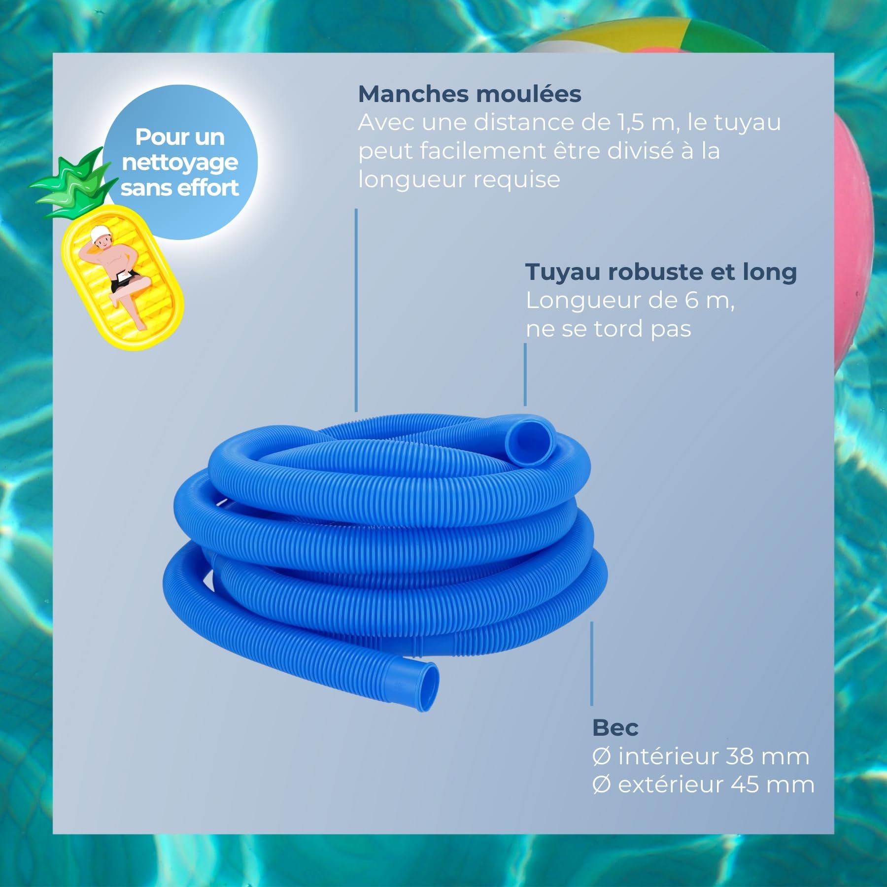Tuyau de piscine 38 mm I Longueur 6 m I Tuyau flottant pour aspirateur sol & pour pompe de piscine I Conduite de piscine 38 mm noir I Accessoire haut de gamme