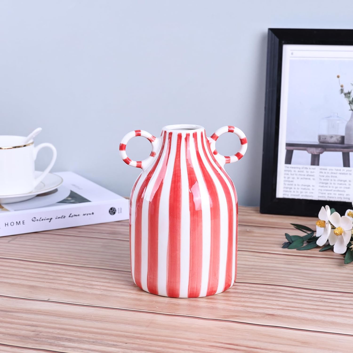 LCCCK Red and White Ceramic Vase, Mid Century Modern Striped Small Vases for Flower&Pampas Grass Centerpiece, Red White Checkered Vase for Dining Table Kitchen Tabletop Minimalist Decorative - Image 6