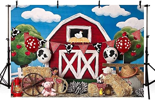 MEHOFOTO - Fondo de cabina de estudio fotográfico de granero rojo de granja, animales rústicos, césped verde, cielo, decoración de fiesta de