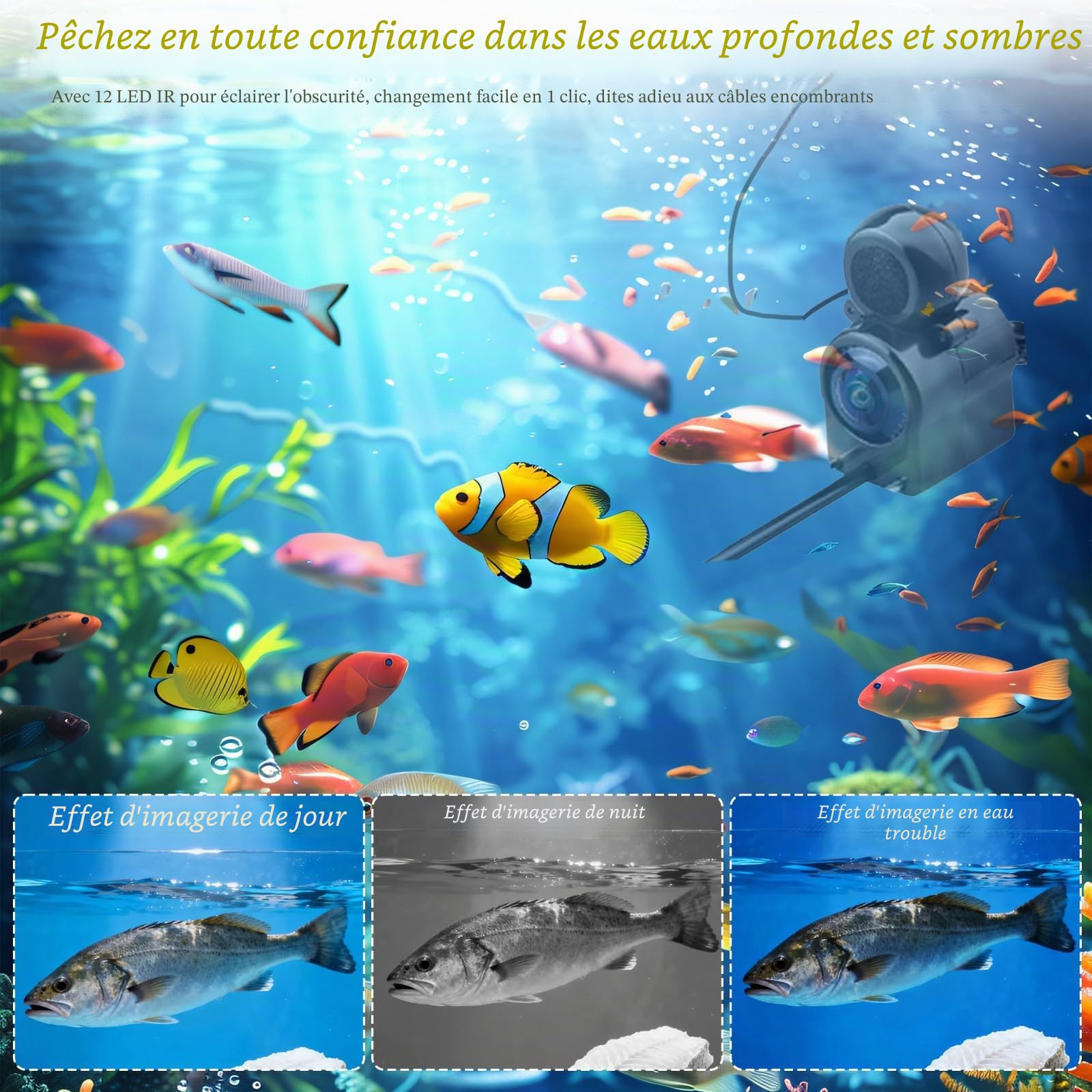 Sondeur de pêche, caméra sous-Marine avec Objectif HD à 220°, caméra sondeur certifiée IP67 avec écran IPS de 4,3 Pouces et câble de 30 m, sondeur Portable pour la pêche en mer et la pêche sur Glace