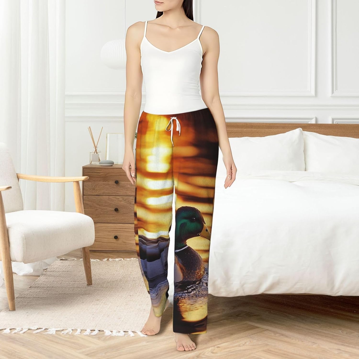 Women'S Natural-Mallard-Duck Fleece Pajama Pants, Cozy Flannel Lounge Bottoms For Women