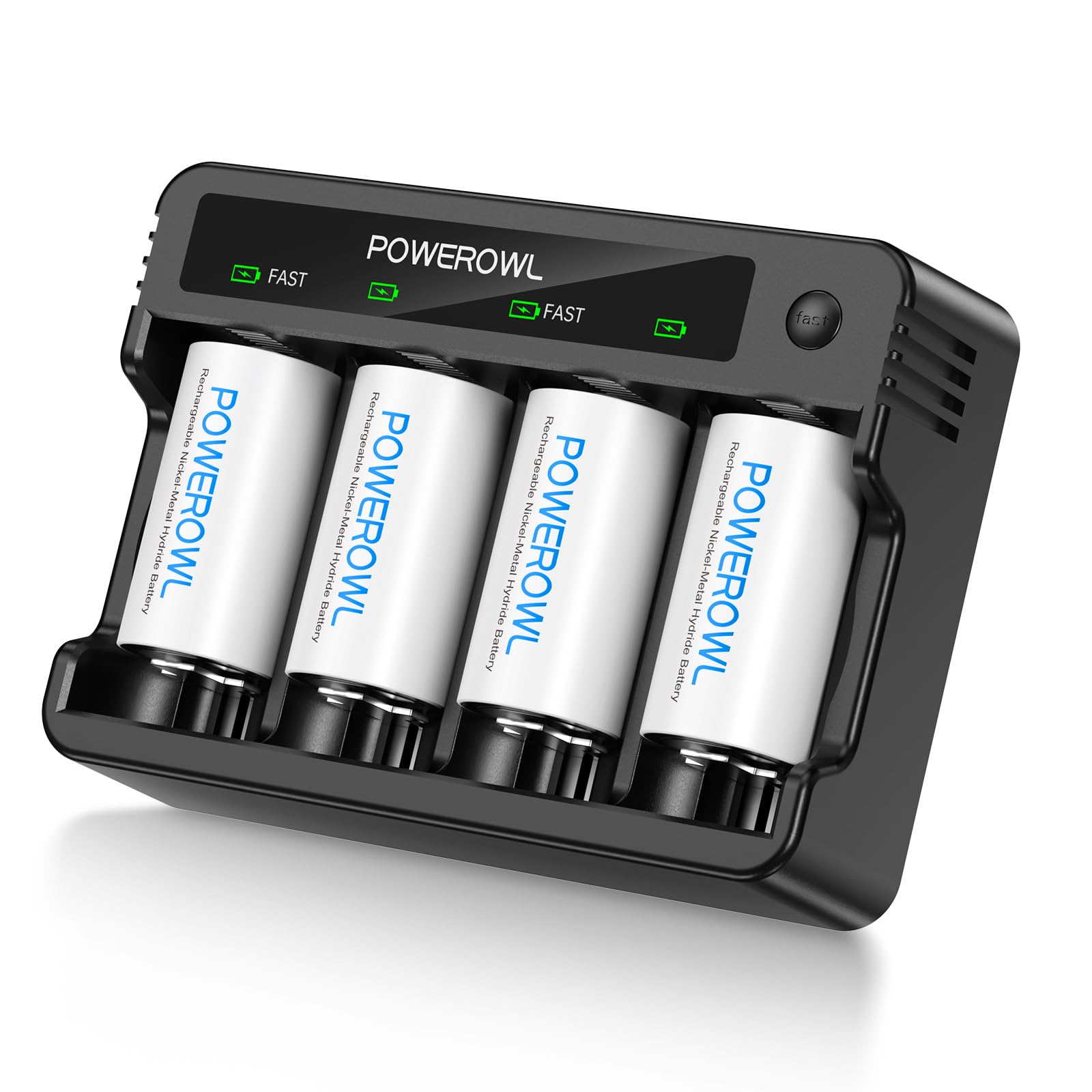 POWEROWL Rechargeable D Batteries with 4 Bay Battery Charger, USB Quick Charging, for AA AAA C D Ni-MH Ni-CD Rechargeable Batteries -4 Count