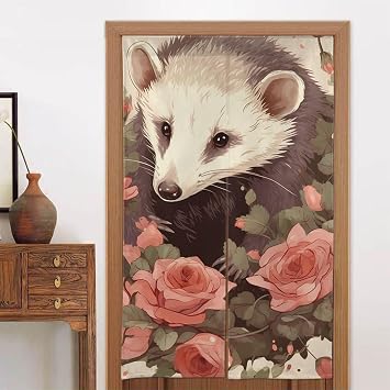 Door Curtains Fengshui Curtain Opossum and Roses Tapestry Blackout Curtain for Doorway Privacy Door Window Curtain Door Sidelight Curtain for Home Bedroom Kitchen Decoration 34x56in