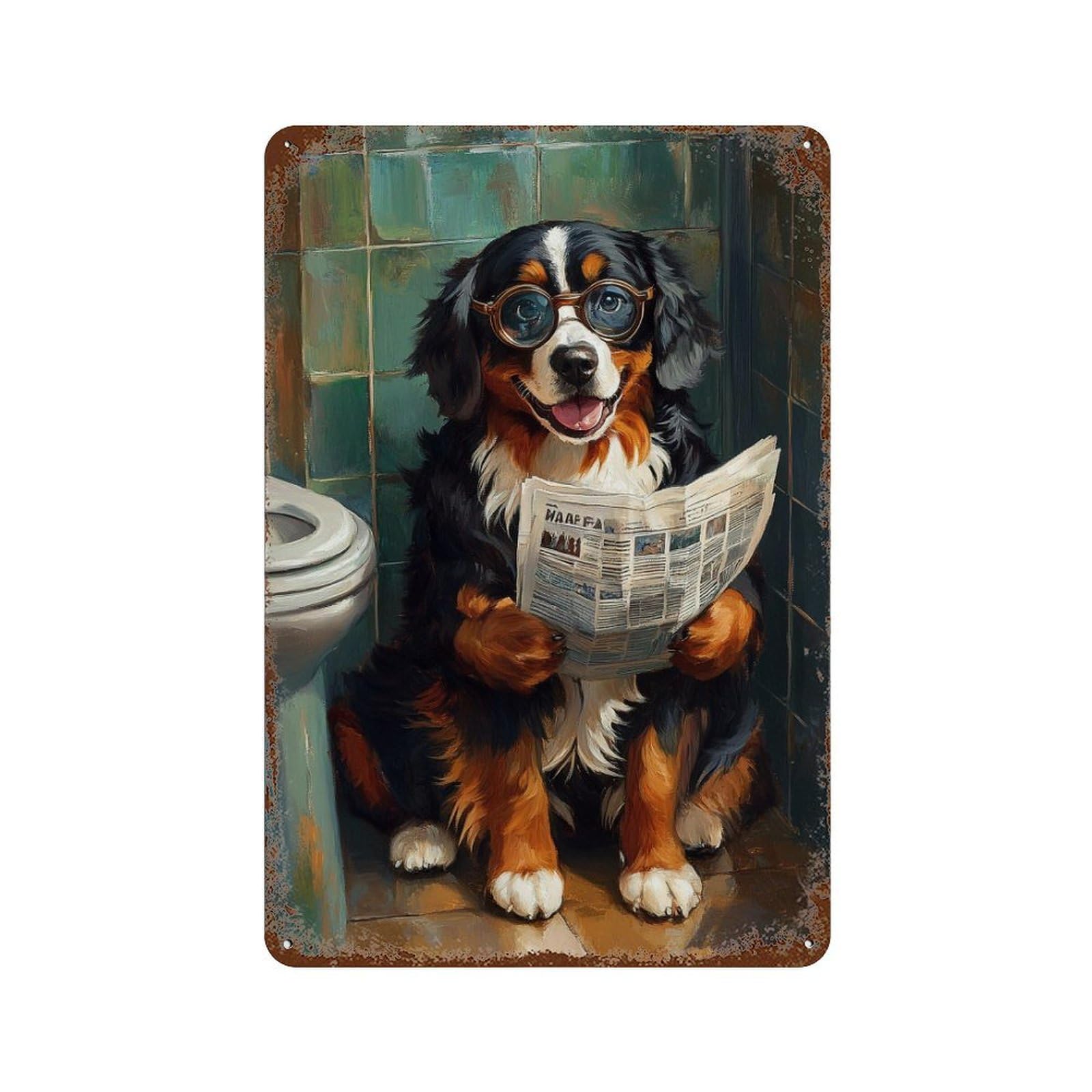 Dog Reading Newspaper in Bathroom Vintage Rust Metal Sign 11.8"x7.9", Farmhouse Wall Decor for Garage, Pub Or Kitchen