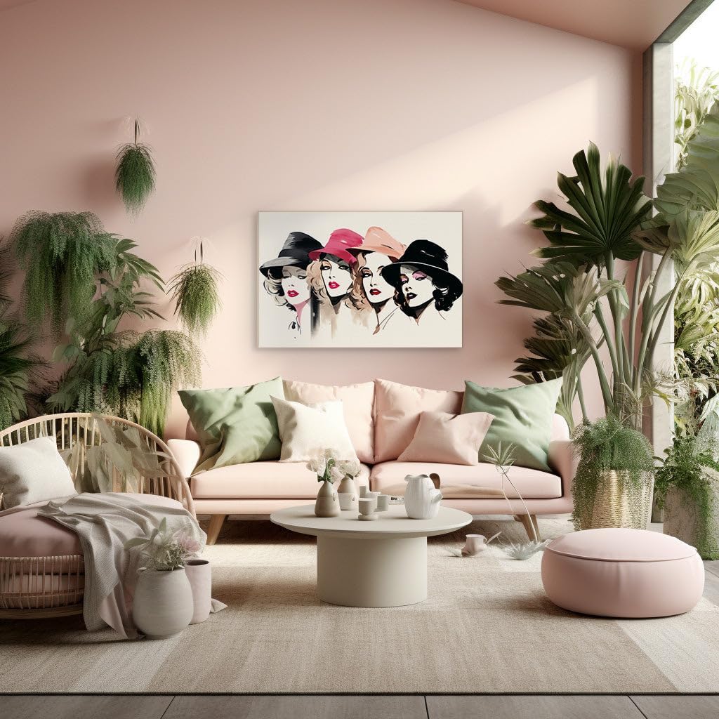 Canvas for Living room. Fashionable Quartet in Hats and Rouge A Statement of Chic and Style, 27 x 18 inch Canvas Wall Art - Modern Home Decor - 69x46 cm (27x18 inch)
