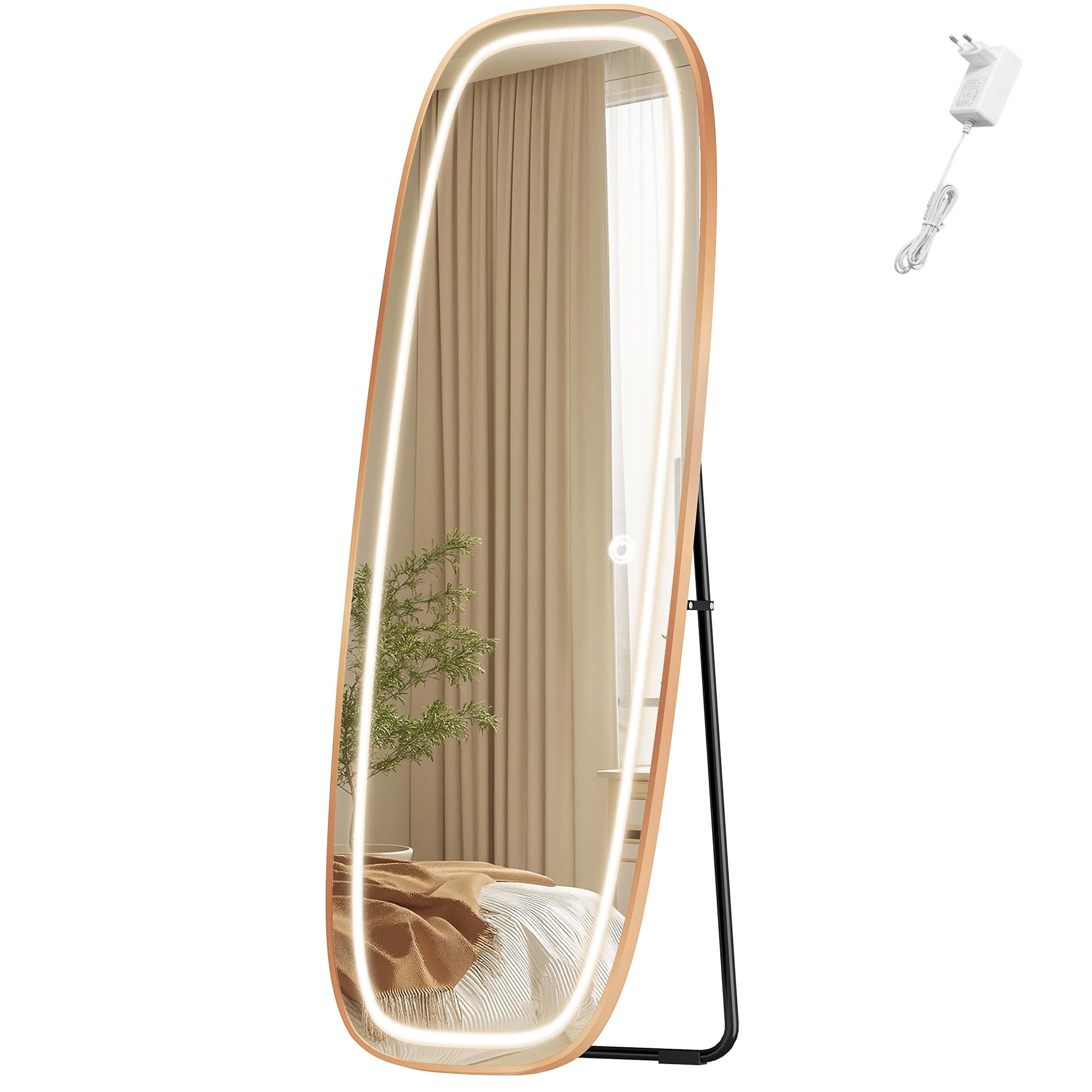 Hzuaneri Espejo de Cuerpo Entero con Luz LED 160x50 cm Espejo de Pie Curvo 3 Colores de Luz Brillo Ajustable Dorado