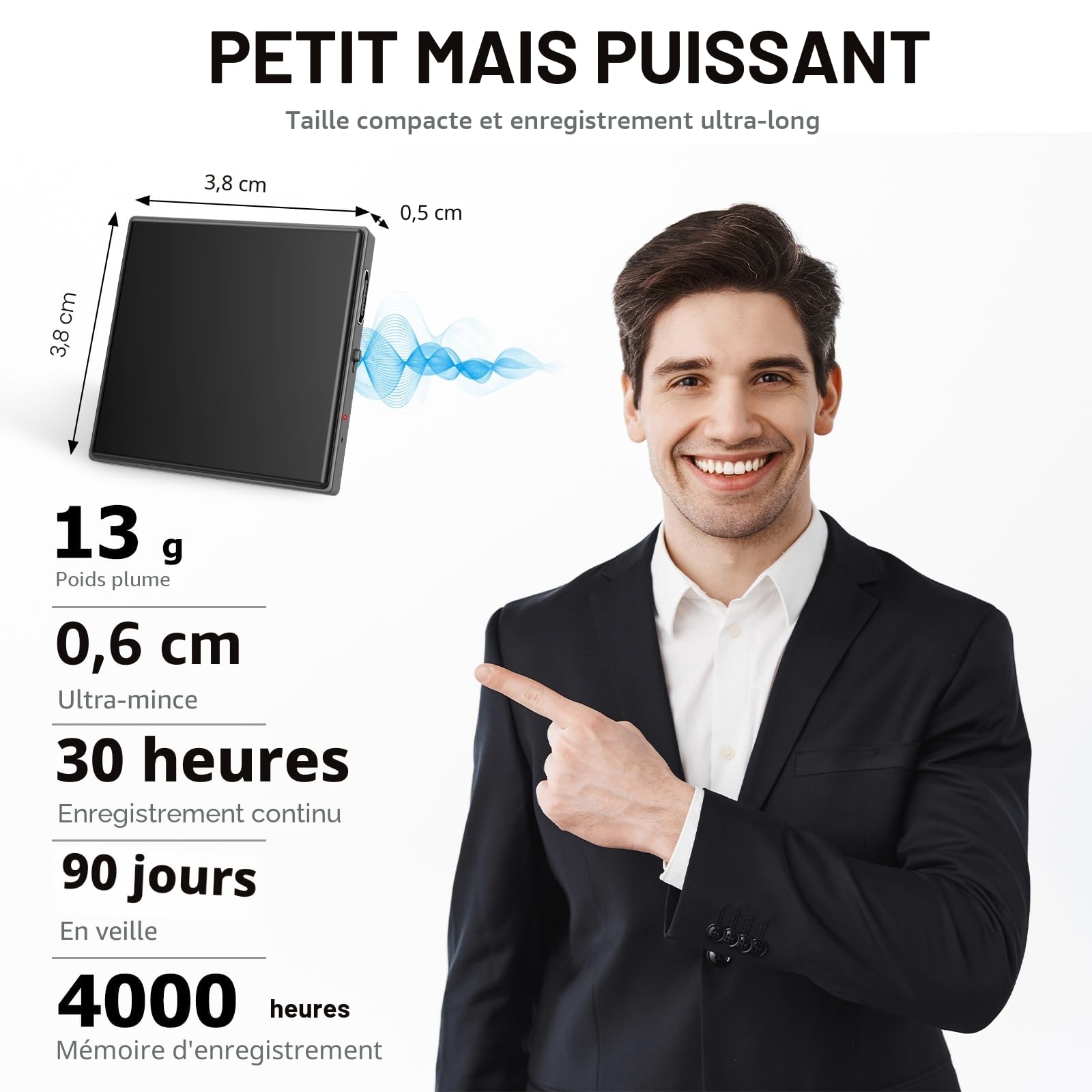 Mini Enregistreur Vocal 128 Go avec Triple réduction du Bruit Enregistreur Vocal HD 3072 Kbps Magnétique Rechargeable par USB avec Lecture Mini enregistreur Vocal