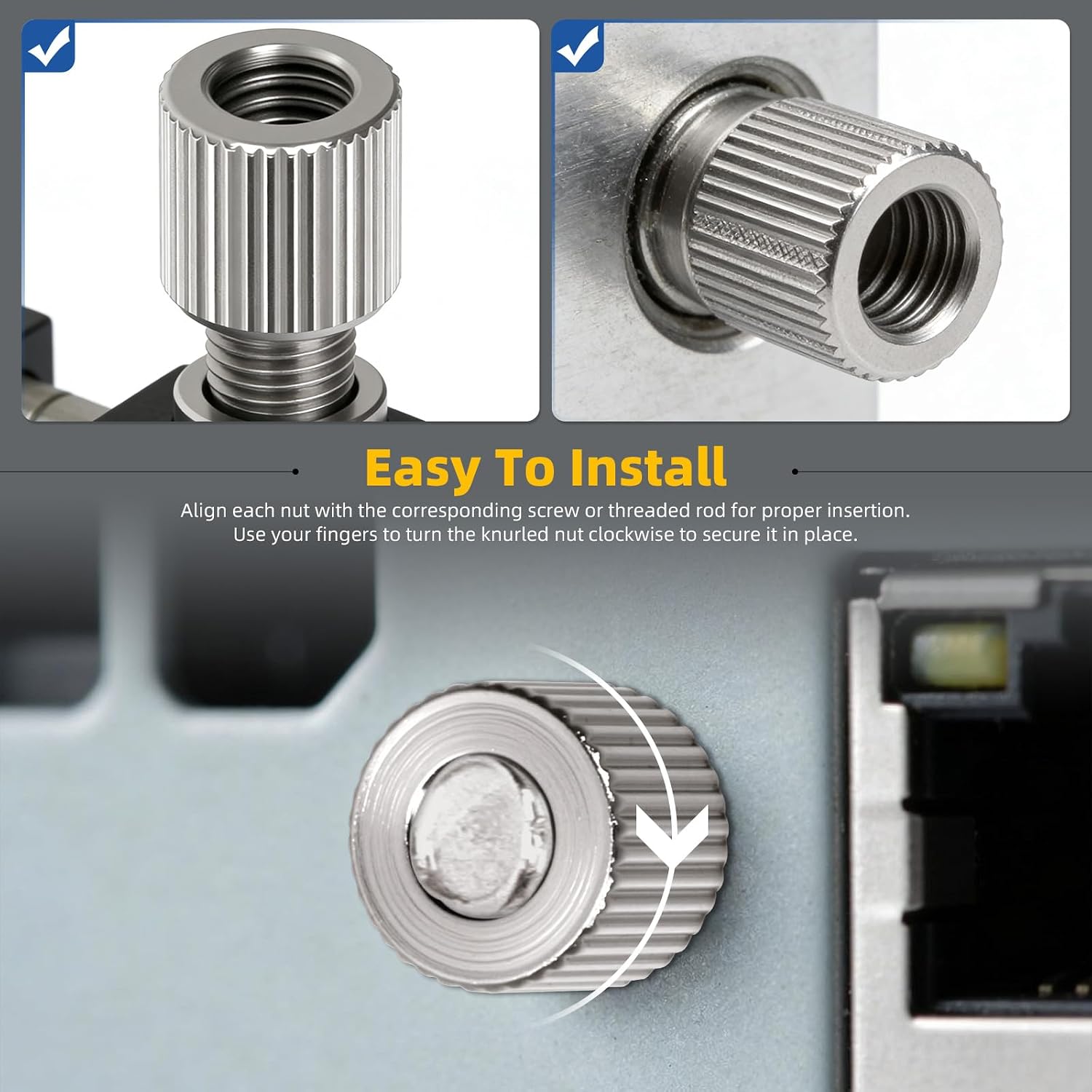 Glarks 60pcs M2/M2.5/M3/M4/M5/M6 Through Hole Knurled Thumb Nuts Kit, Carbon Steel Female Thread Thumb Nuts, Round Through Hole Lock Adjusting Nut for 3D Printer Parts, Mechanical Equipment