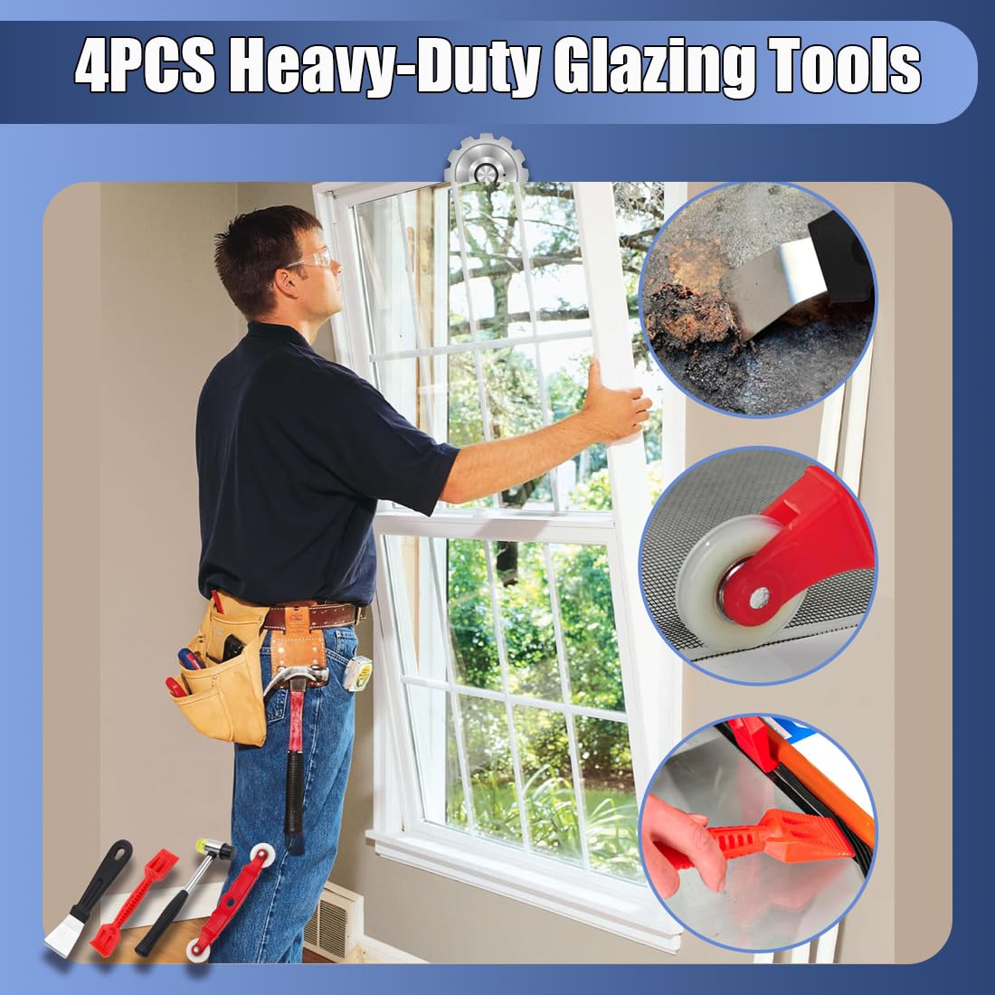 Window Glazing Tool Kit, 4PCS Heavy-Duty Glazing Tools, Red Window Roller - Image 2