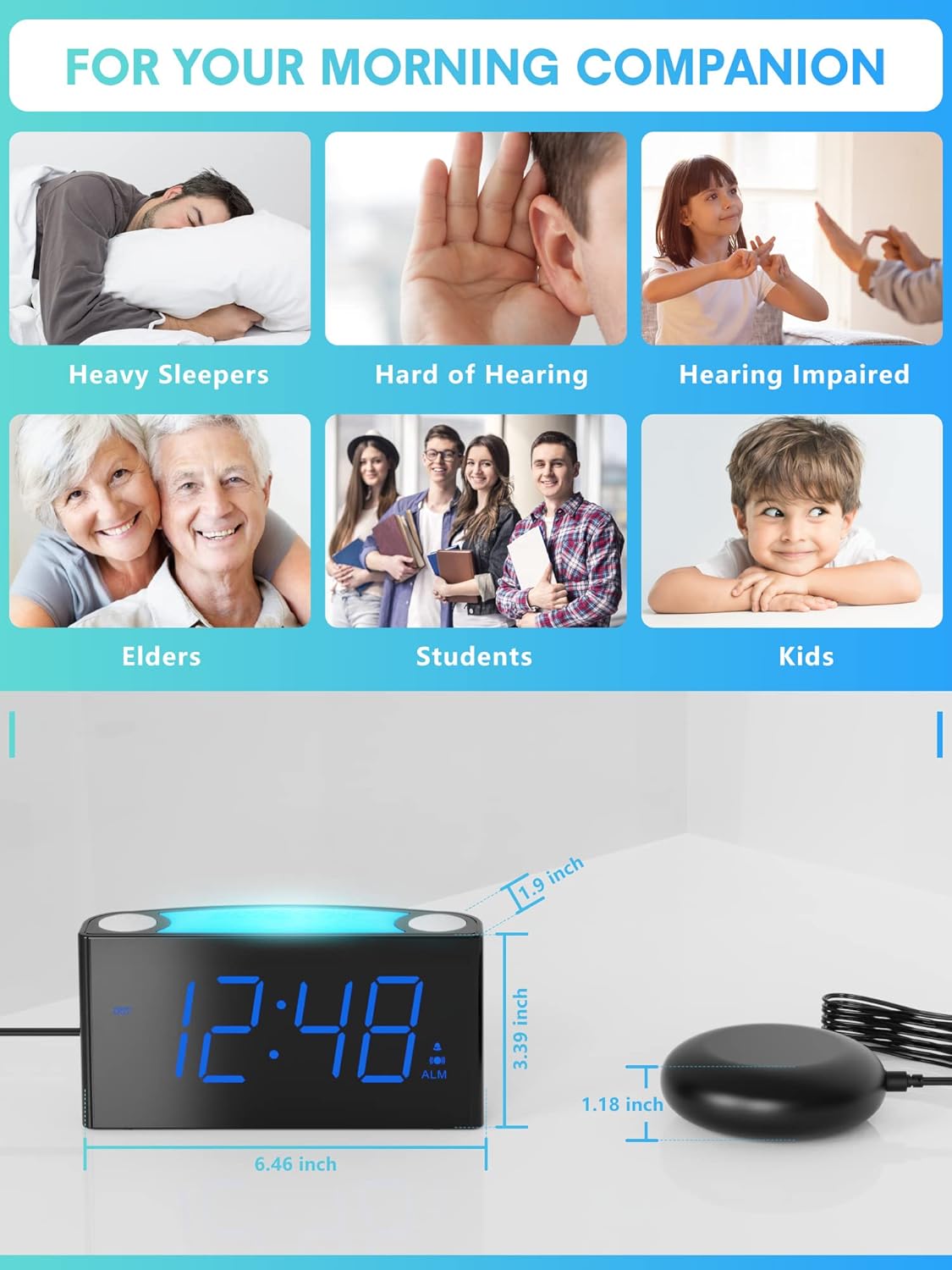 ROCAM Extra Loud Alarm Clock with Bed Shaker, Vibrating Alarm Clock for Heavy Sleepers Deaf Hearing Impaired, 7" Large Display, Dual USB Charger, 7 Color Night Light, Dimmer, Snooze & Battery Backup