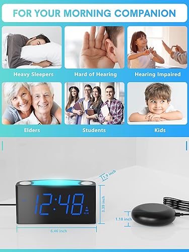 Miniatura 4 de ROCAM Reloj despertador extra fuerte con agitador de cama, reloj despertador vibratorio para personas que duermen con problemas auditivos sordos,