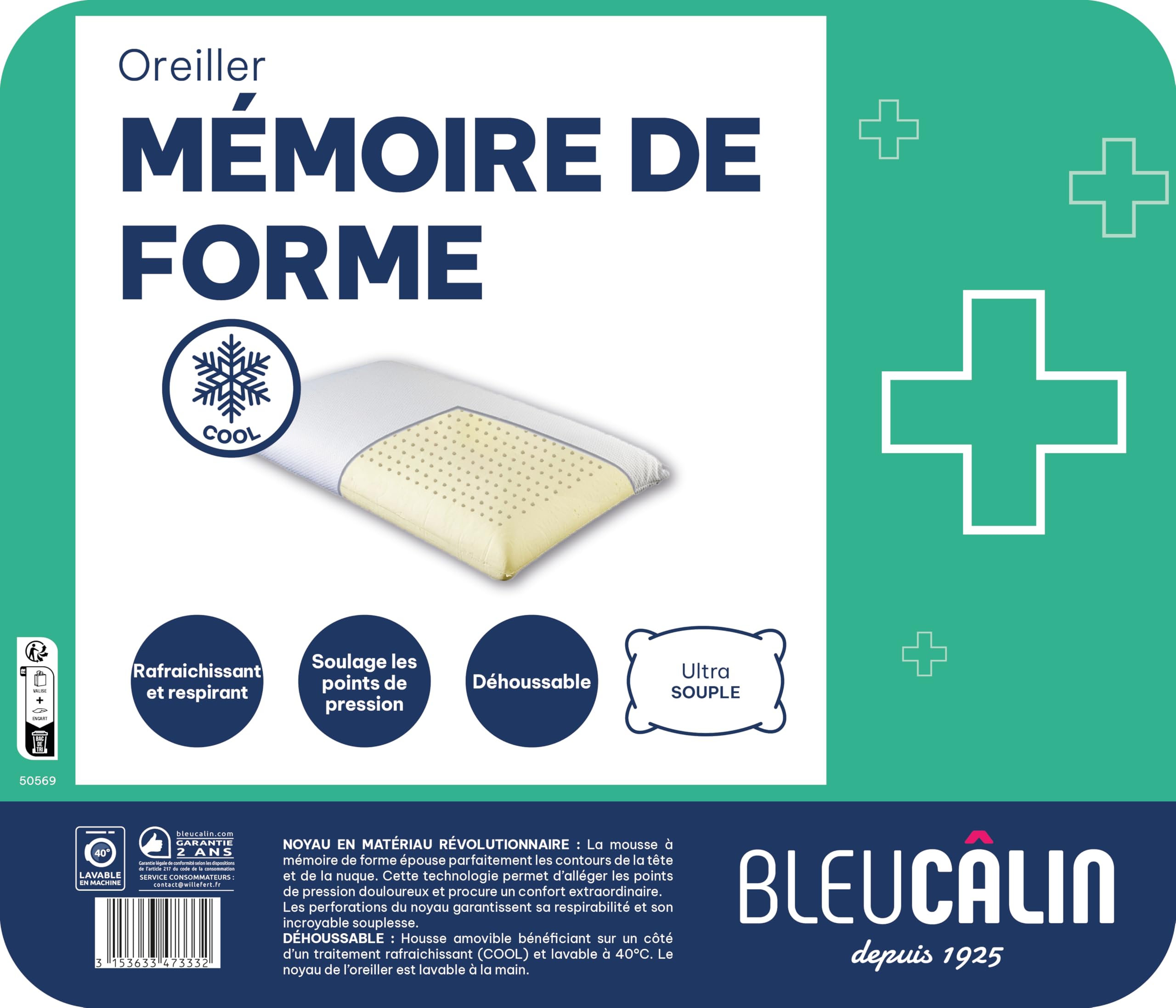 Bleu Câlin Cuscino ergonomico in memory foam, traspirante, con rivestimento in effetto rinfrescante, supporto ottimale per testa e collo, fodera rimovibile, 50 x 70 cm