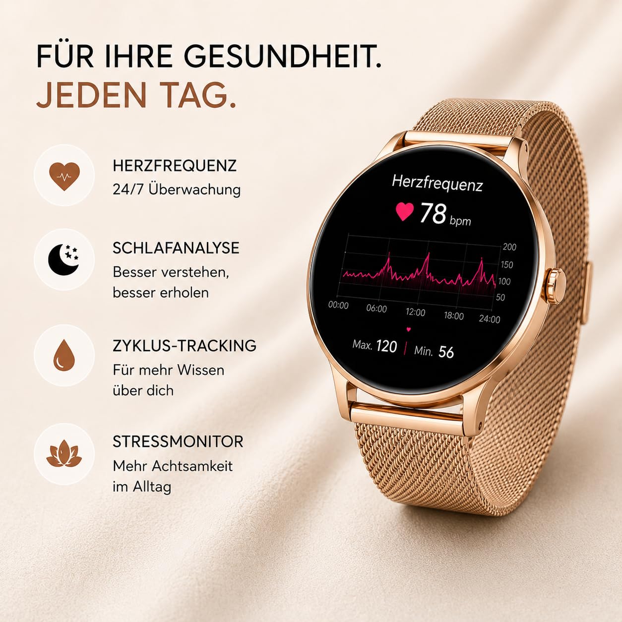 XCOAST SIONA 2 Damen Smartwatch Roségold 1,3" AMOLED Fitnessuhr Herzfrequenz Blutdruck SPO₂ IP68 wasserdicht 7 Tage Akku Android iOS