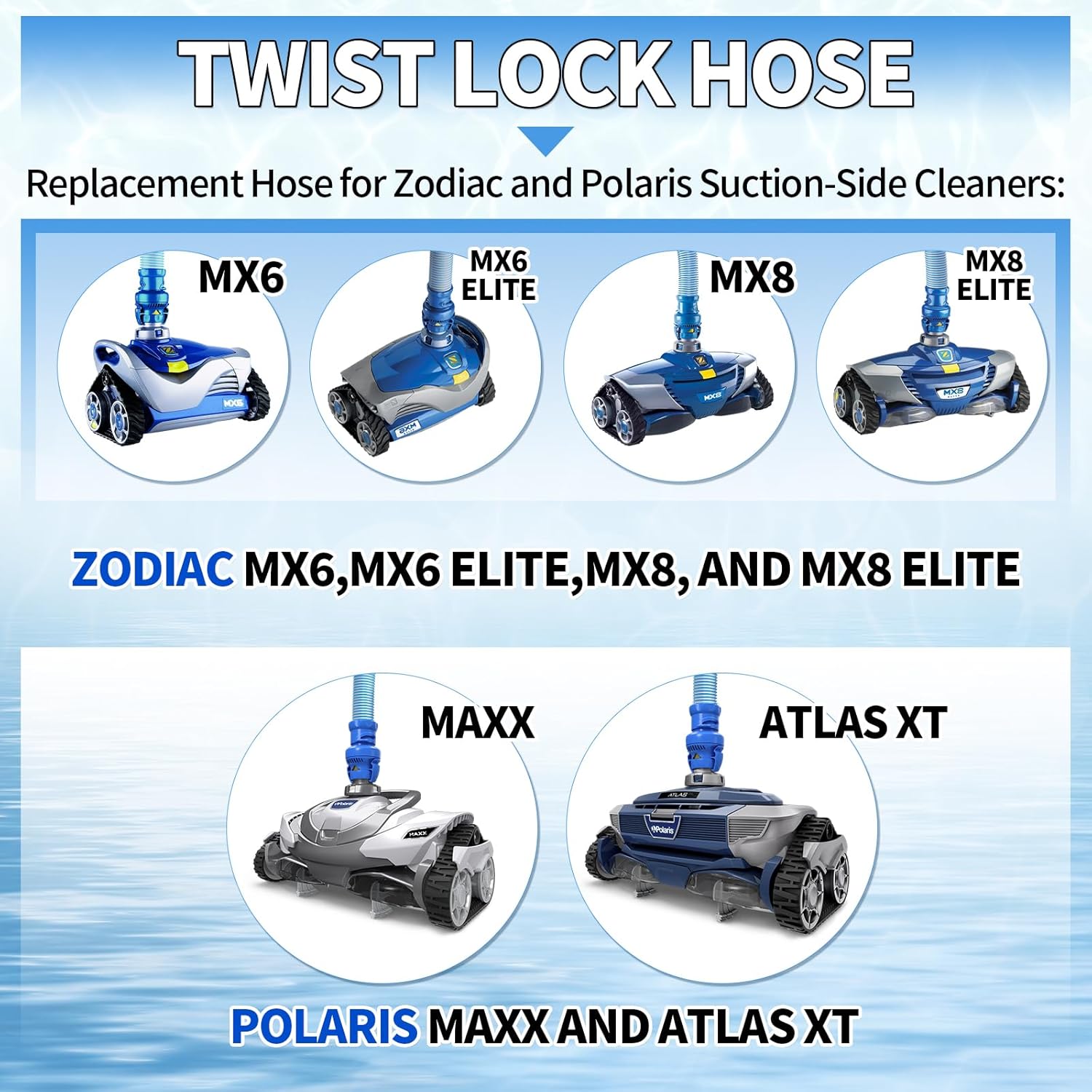 Boltigen Pool Cleaner Pump Hose Replacement Kit for Zodiac MX6 MX8, 39 Inch Twist Lock Pool Vacuum Hoses for Swimming Cleaning, 6pcs Upright packed