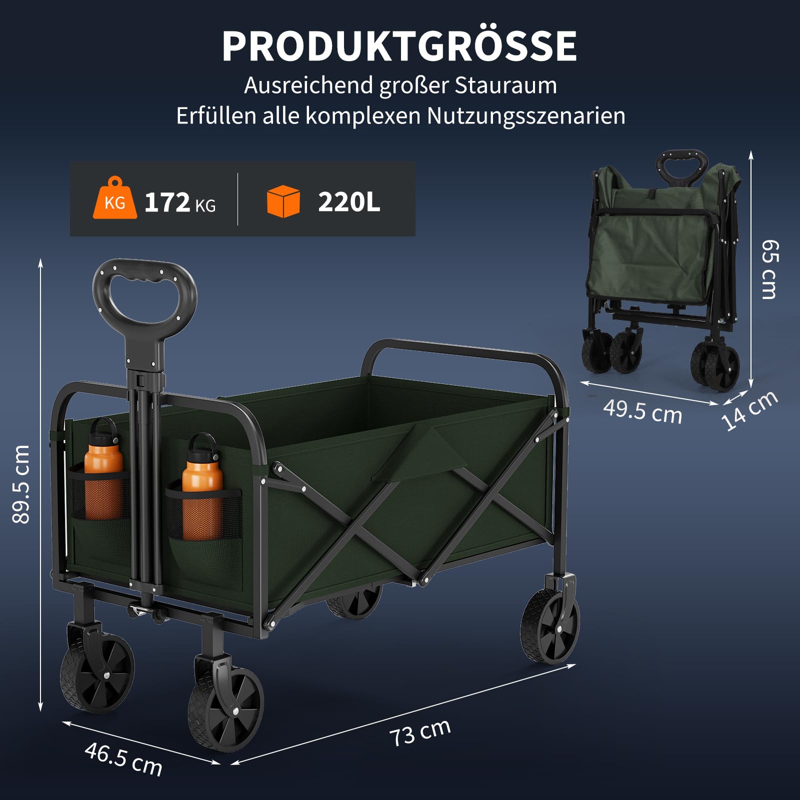 Bollerwagen Faltbar 220 L, Klappbarer Handwagen bis 172 kg, | Transportwagen mit Seitentaschen & Getränkehalter,360°Drehbaren Rädern, Verstellbarem Griff für Camping Strand Garten Einkauf