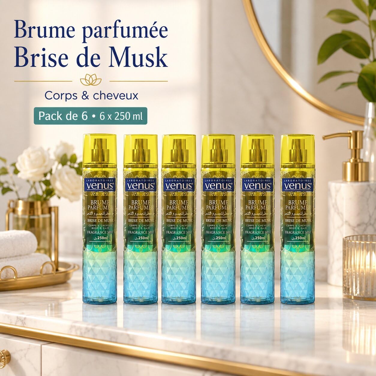 Venus Brume Parfumée Brise de Musk 250ml – Pack de 6 Bouteilles – Brume Corporelle Femme, Parfum Léger Musqué pour Corps et Routine Beauté