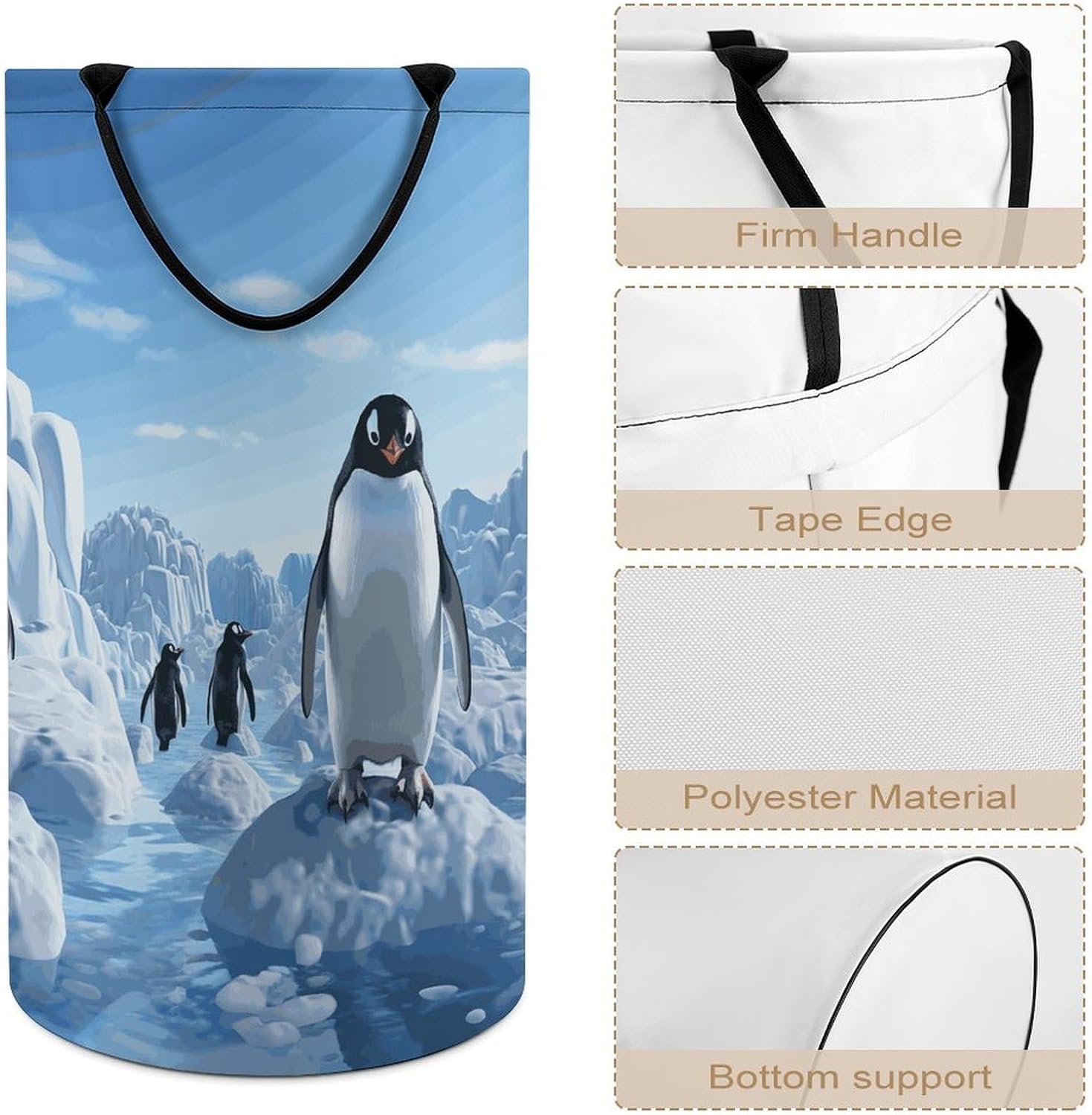 Large Laundry Hamper with Handles Penguin Antarctica Ice Laundry Basket Freestanding Waterproof Clothes Hamper for Living Room Bedroom Bathroom College Dorm