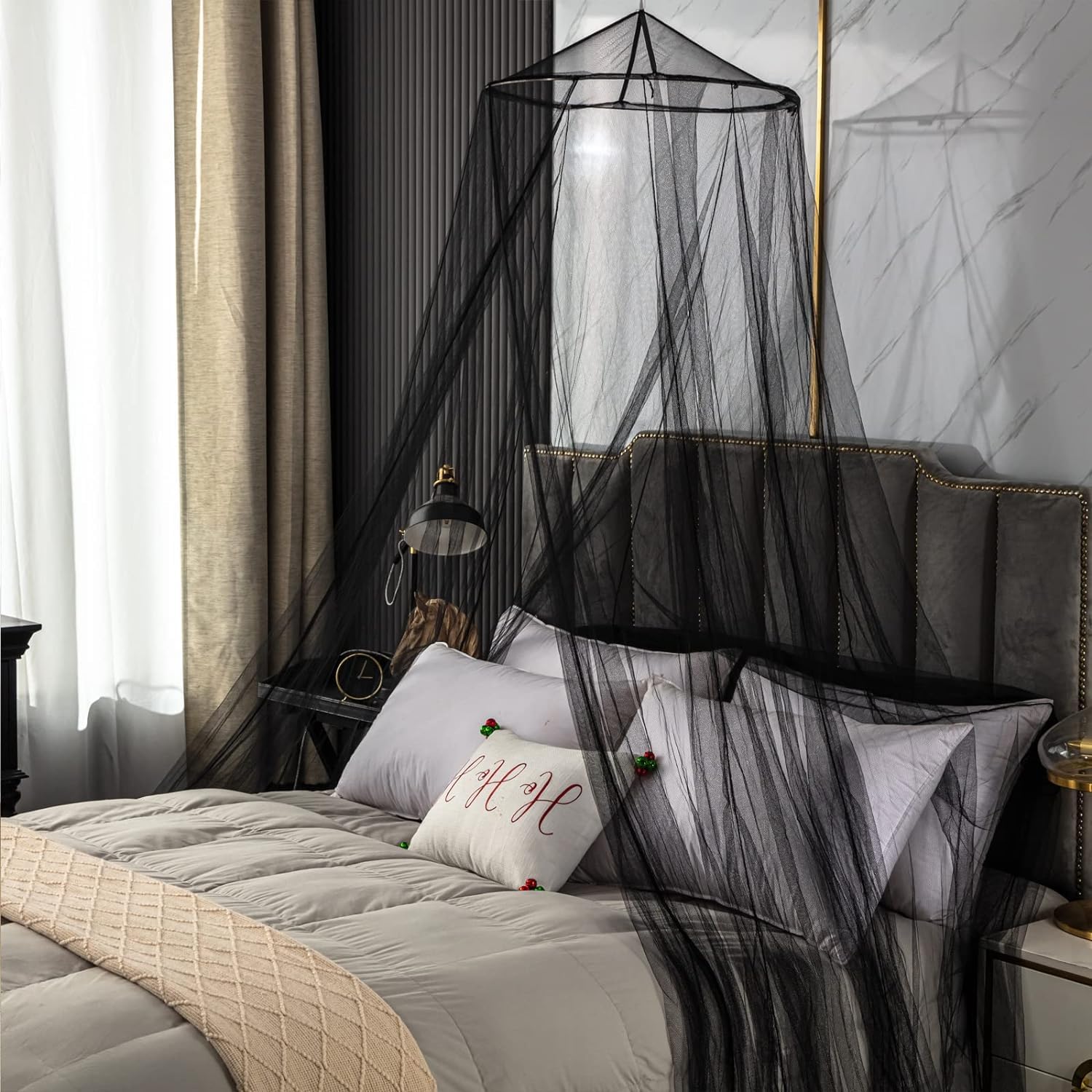 Zoojoy Zanzariera a Rete per Letto – Zanzariera Rotonda a Cupola per Camera da Letto, Giardino, Campeggio, Tende a Sospensione per Neonato/Letto Singolo/King Size [Nero]