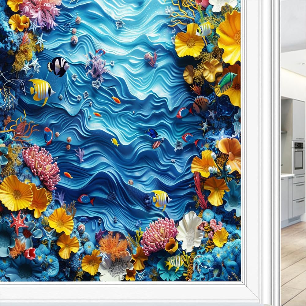 Abstract Ocean Window Film Privacy Underwater Fish Rustic Coral Flower Window Privacy Film Self-Adhesive Glass Film Decorative Sticker Frosted for Home Bathroom 35.4Wx63L-inch
