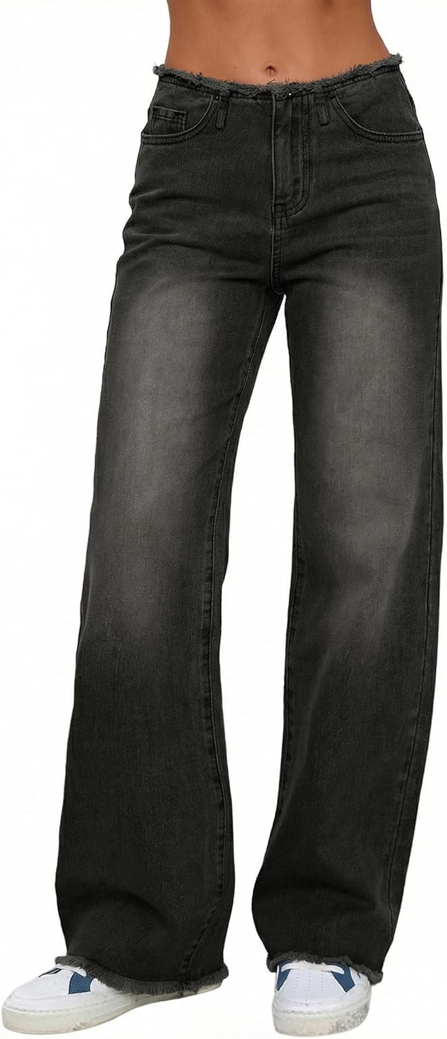 Emmiol Women Wide Leg Jeans Tummy Control Waisted Straight Stretchy Denim Pants with Pockets