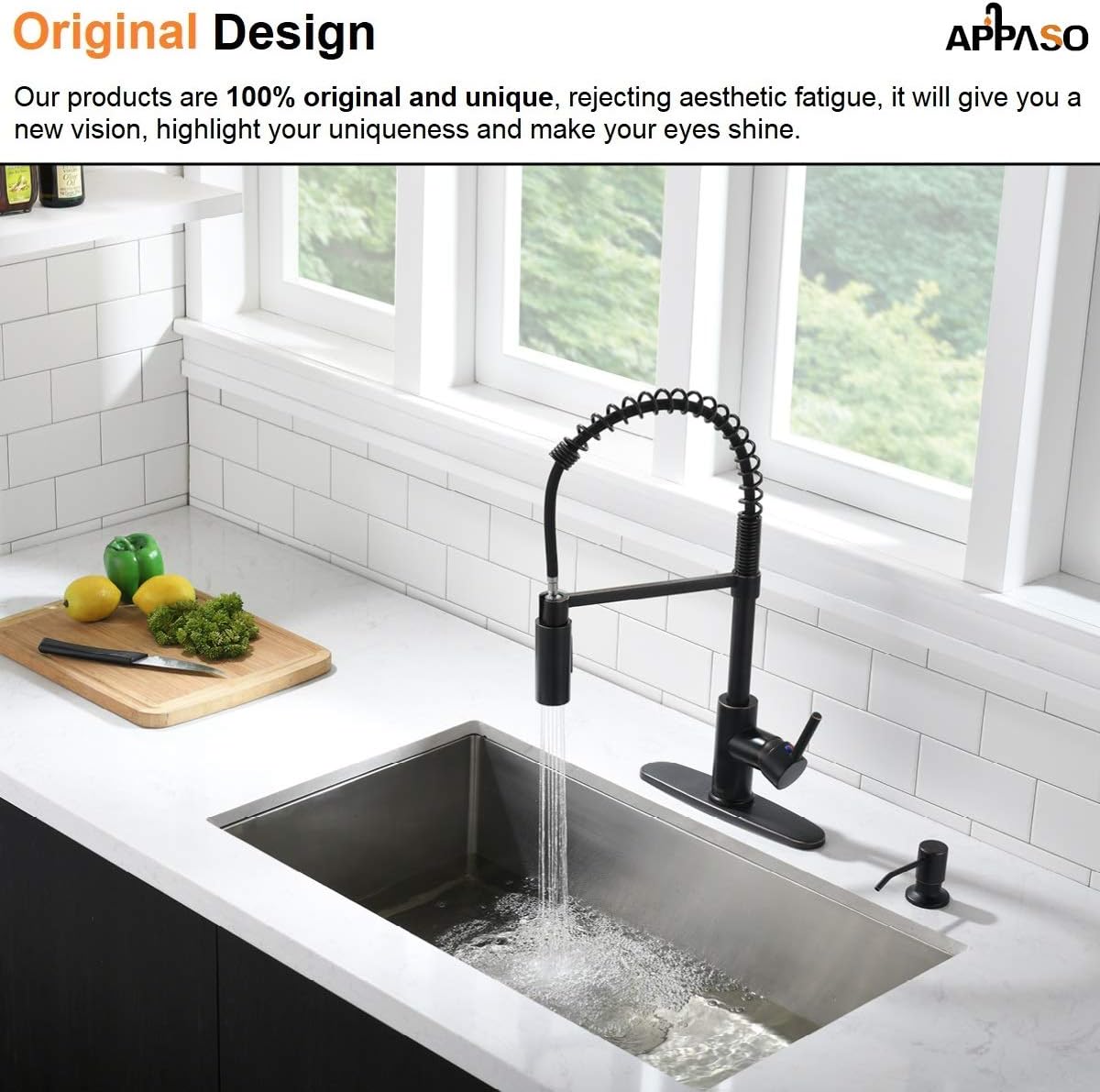 Buy 1 get 1 APPASO Commercial Pull Down Sprayer Kitchen Faucet with Soap Dispenser - Oil Rubbed Bronze High Arc Tall Modern Single Handle Spring Kitchen Sink Faucet with Pull Out Spray