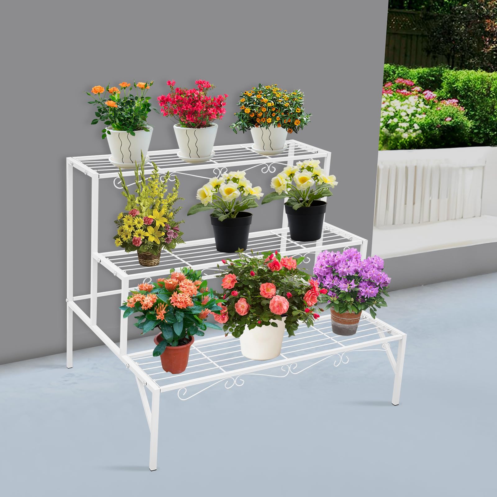 Support pour Plantes en Métal 3 Niveaux, Étagère Échelle à Fleurs, Charge 20 kg par Niveau, Patins Antidérapants, Présentoir Plantes Pour Balcon, Terrasse, Jardin et Intérieur (Blanc)