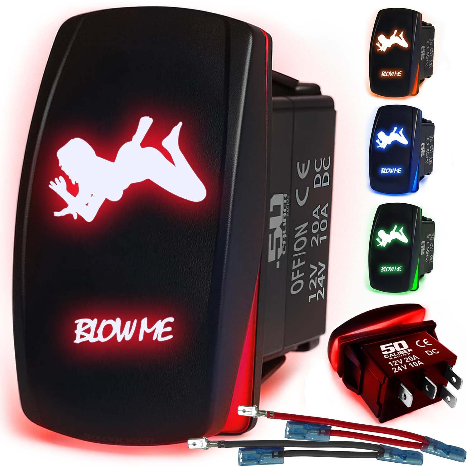 Waterproof Rocker Switch ON/Off, LED Backlit with Etched Design w/Toggle Switch 12v - Head Lights- UTV, Auto, Boat 20A Variation (Red, Blow Me)