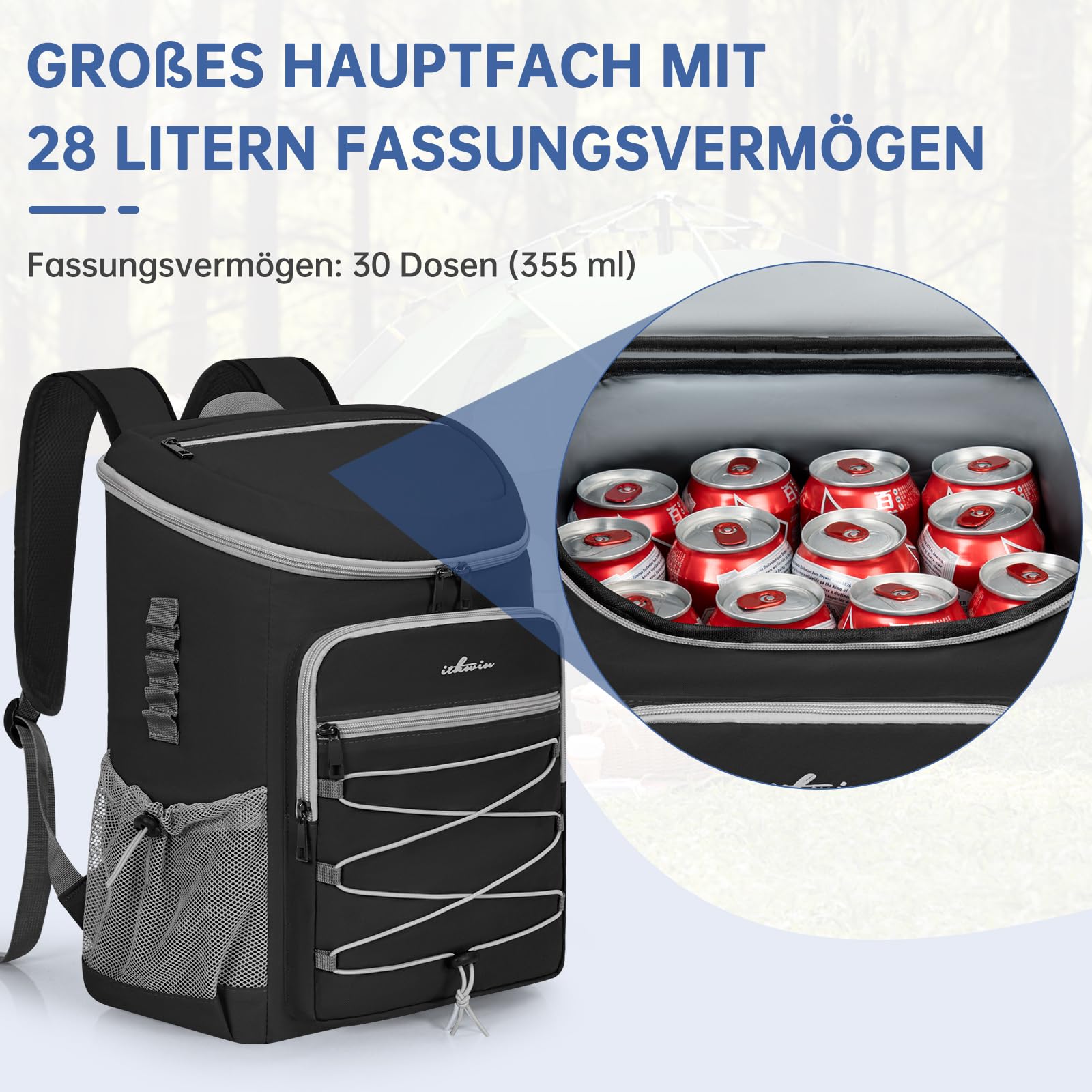 OUUTMEE Kühltasche 25L Thermo Rucksack Auslaufsicher, Kühlrucksack für 30 Getränkedosen (330 ml),für Wandern und Picknick, Praktisch & Leicht,Schwarz/Blau/Grau/Grün/Orange Farbe