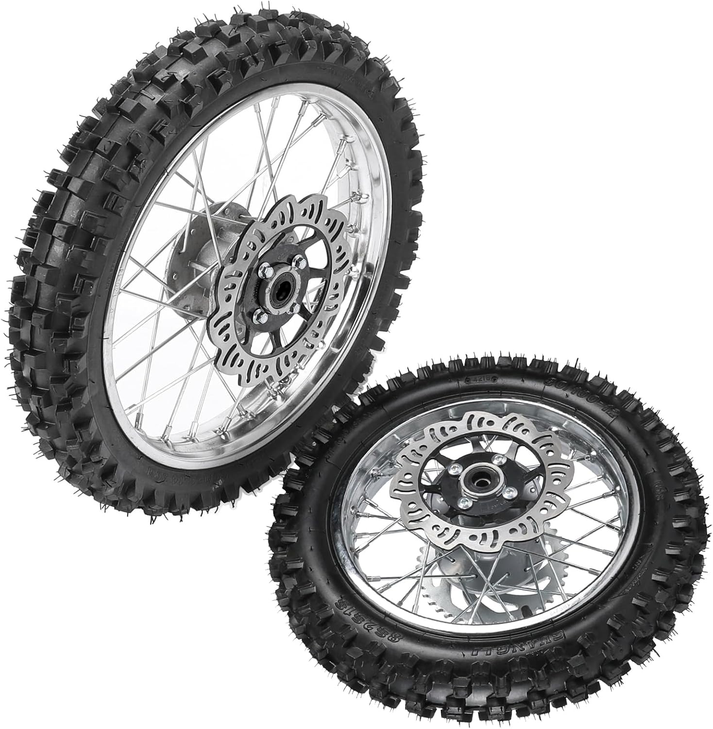 14" and 12" Wheel Assembly, Front 60/100-14 & Rear 80/100-12 Dirt Bike Tire with Rim + Brake Disc & 420 Sprocket 12mm Bearing for Pit Bike Off Road 70cc 90cc SSR 110cc Apollo RFZ 125 KX65