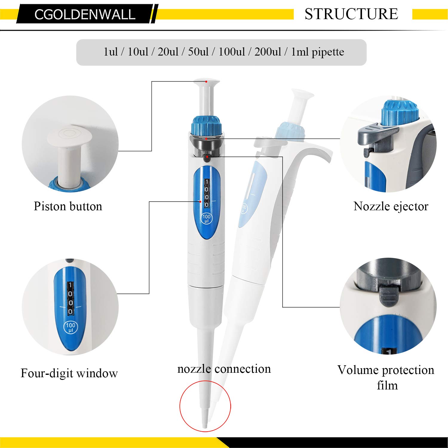 CGOLDENWALL Laboratorio Micropipette Pipeta Ajustable Manual Pipetter Pipetter Pipetter Ajustable y Volumen Fijo Monocanal Pantalla de cuatro dígitos (A10, 0.5-10ul)